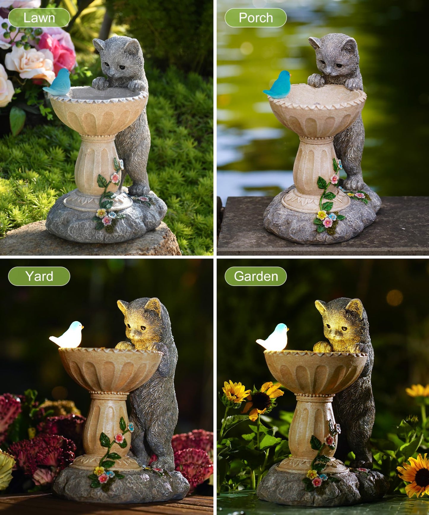 Nacome Solar Cat Statue for Garden Decor: IP44 Weatherproof Resin with Automatic Lighting - No Installation- Outdoor Yard Patio Balcony Art - Birthday Gifts for Bird Lovers Mom Grandma Women