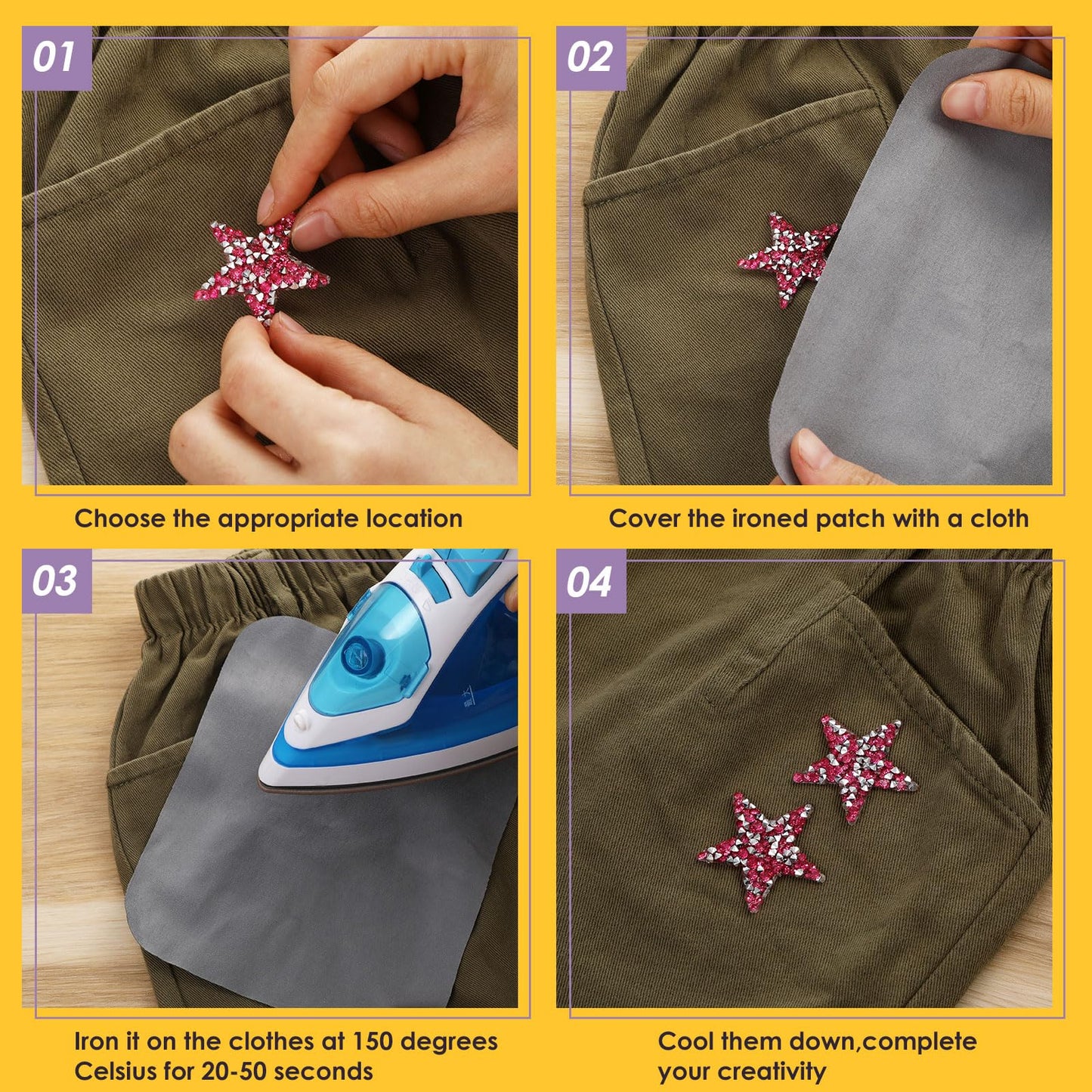 Syhood 24 Pcs Star Patches Iron on Rhinestone Adhesive Sequin Glitter Star Patches Appliques for Graduation Holiday Wedding Clothing Jeans Repair Decors(1.57 Inch,Deep Rose Red)