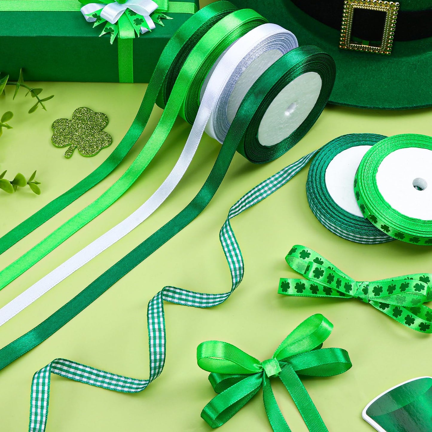 St. Patrick's Day Ribbon, 6 Rolls 150 Yards Green Saint Patrick's Decor Ribbons, 3/8 Inch Polyester Grosgrain for Gift Wrapping, Bow Making, DIY Crafts, Party Decorations
