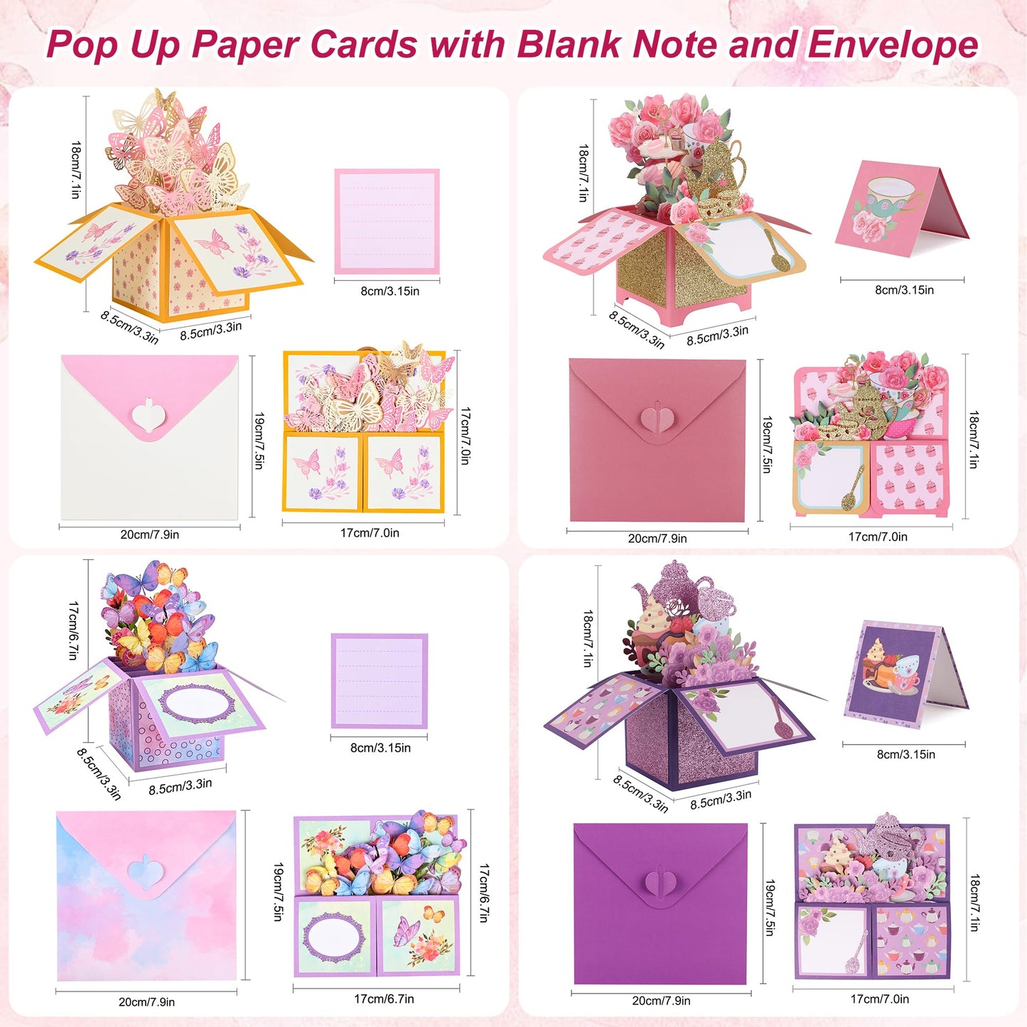 Giiffu 4 Pack 3D Pop Up Birthday Cards for Women, Butterfly & Floral Tea Party Designs, Pop Up Flower Bouquet Cards with Envelopes & Notes, Birthday, Mothers Day, Thank You Cards