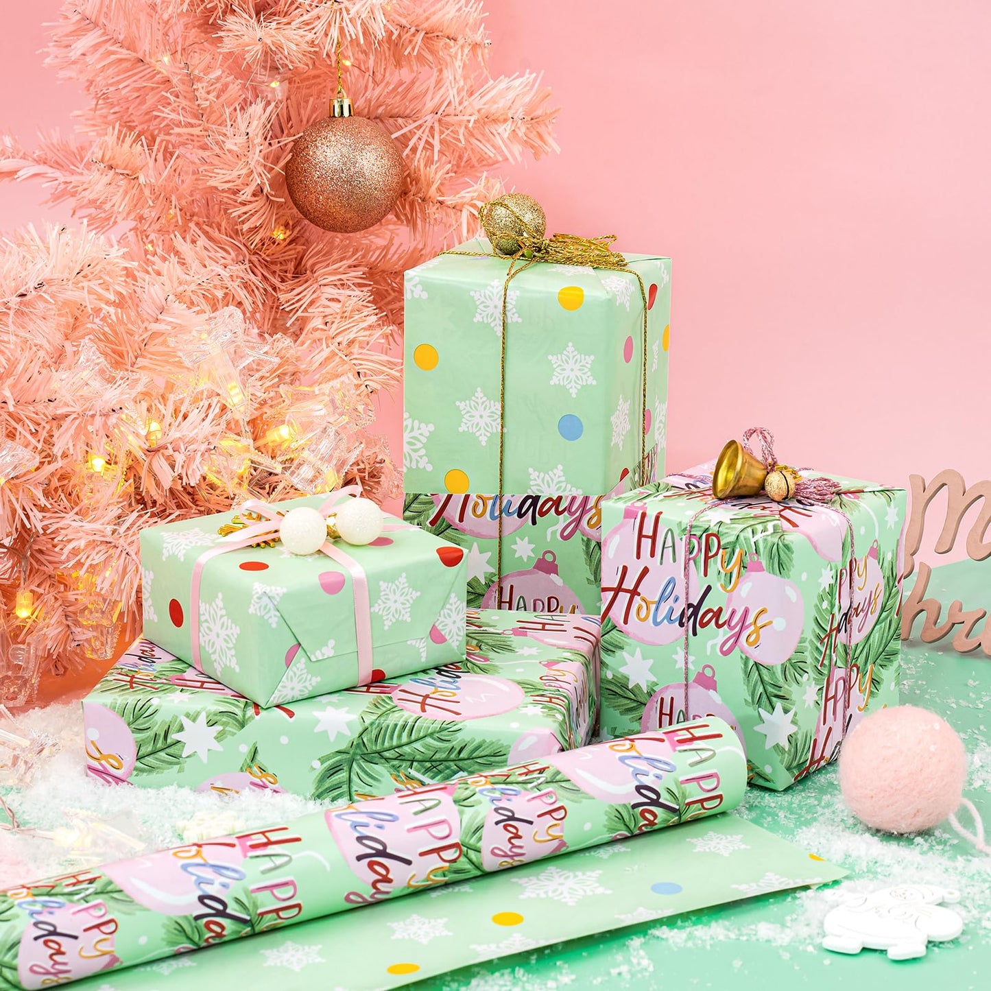 Reversible Christmas Wrapping Paper - Mini Roll - 17 Inch x 33 Feet - Happy Holiday Lettering with Christmas Ball Design for Holiday, Party Celebration