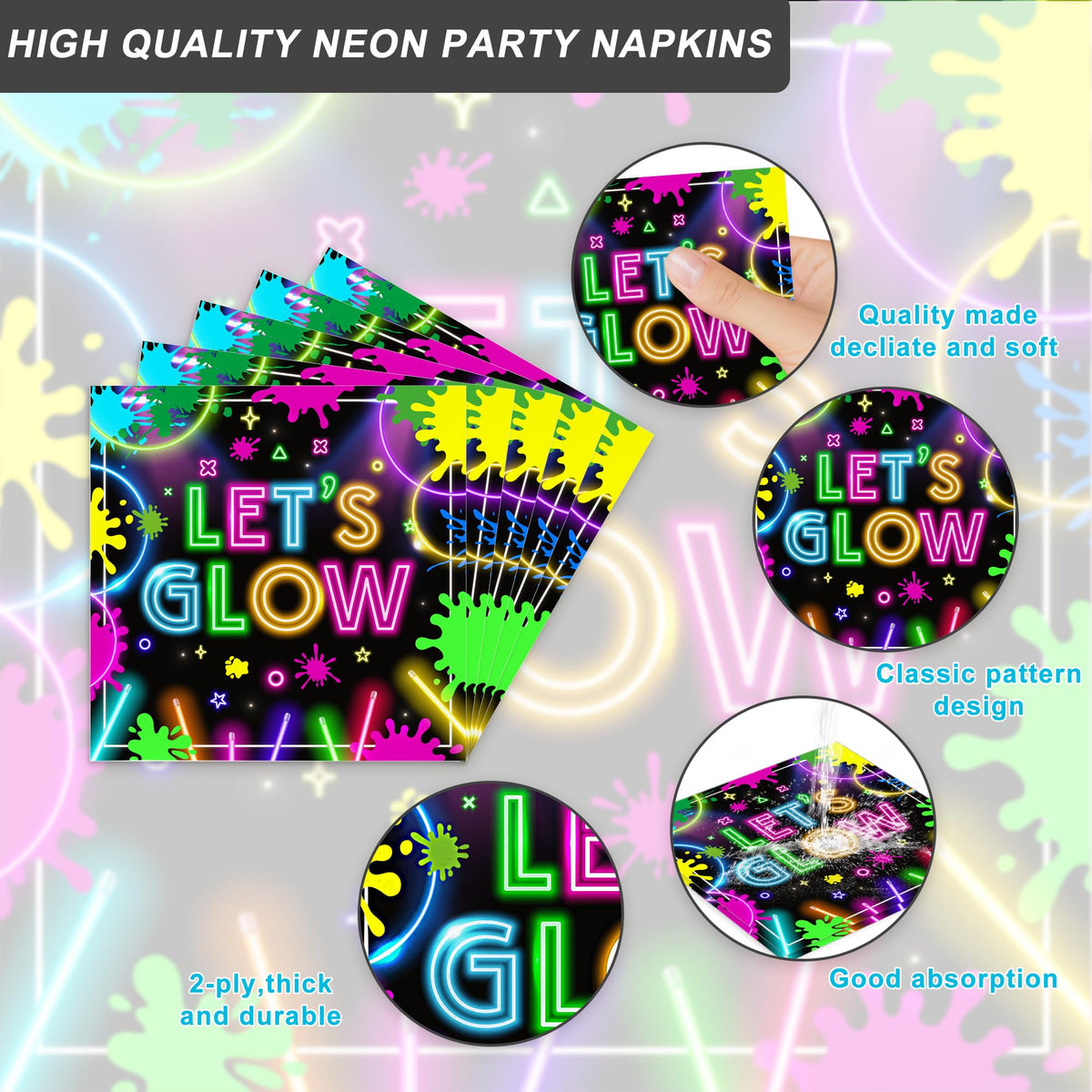 120PCS Let's Glow Party Supplies Neon Birthday Party Decorations for Kids Neon Glow in the Dark Tableware Set Plates Napkins Cups Forks Knives for 20 Guests