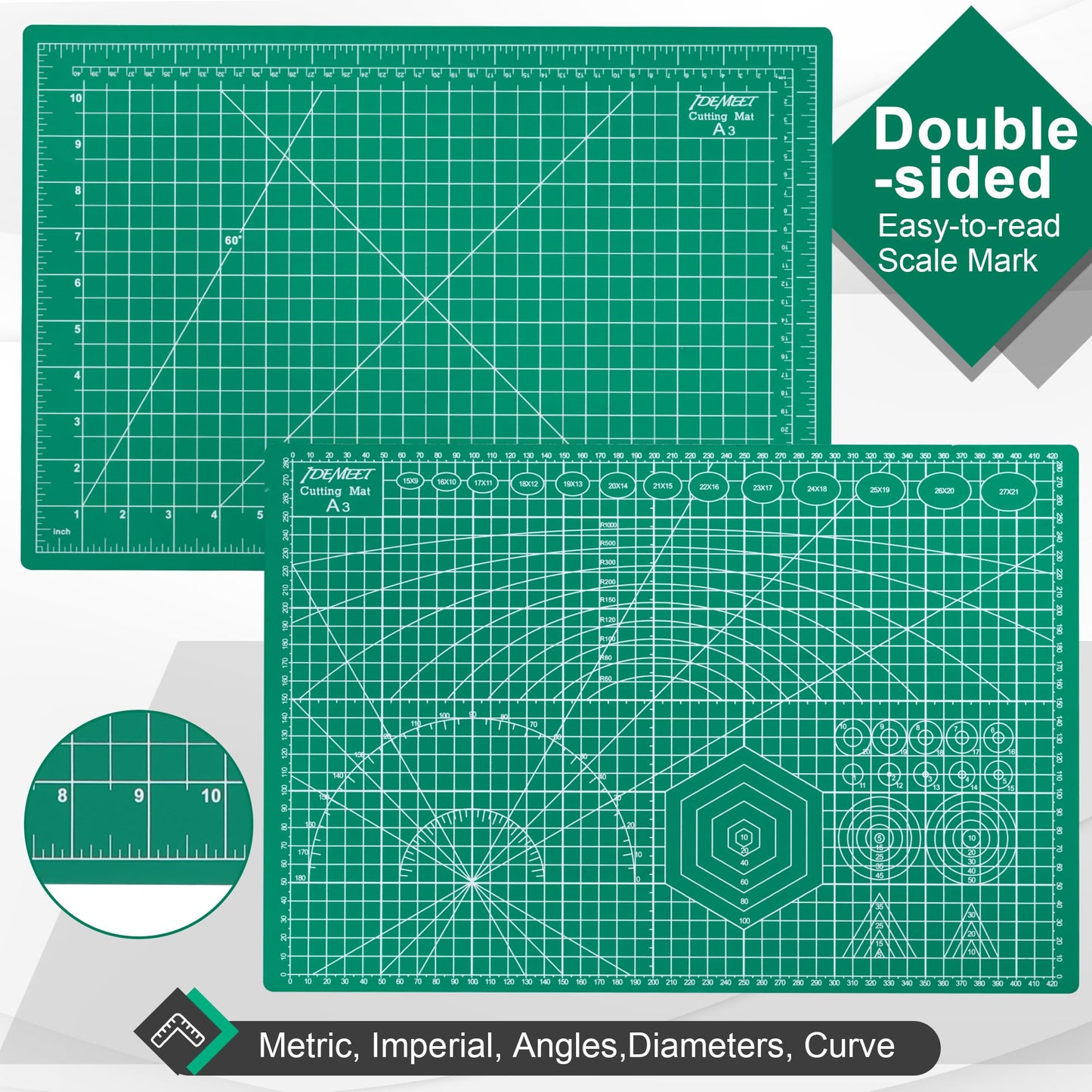 Idemeet Self Healing Cutting Mat, Density-upgraded 18inch x 12inch Sewing Mat for Crafts, 5-play Rotary Cutting Board Double-sided for Cutting Quilting Modeling Projects, Green