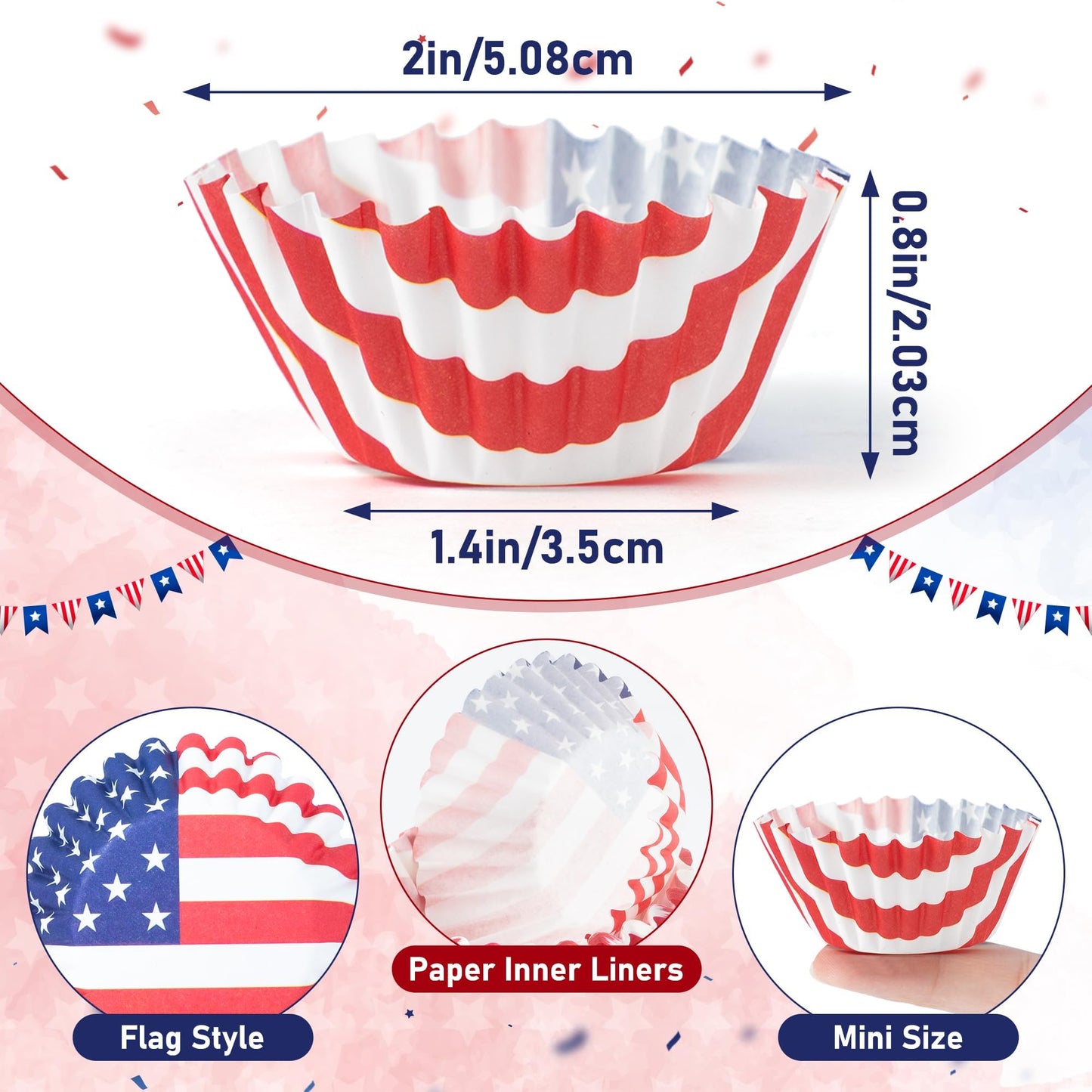 COcnny American Mini Cupcake Liner - 200pcs 4th of July Small Muffin Cups Paper Wrappers for Baking, Patriotic American Flag Red White and Blue Cake Chocolate Candy Wrap for Memorial Independence Day