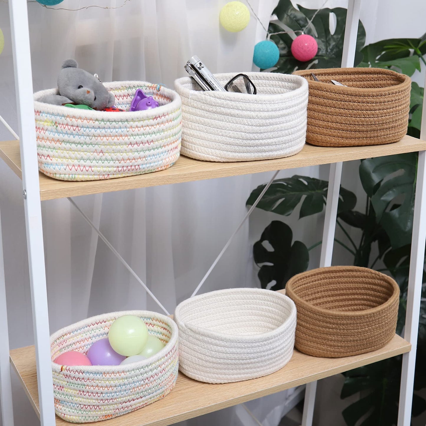 ABenkle Small Storage Basket Set of 2, Natural Cotton Rope Woven Baskets for Organizing, Tiny Oval Storage Easter Baskets, Small Basket for Montessori, Baby Dog Toy Baskets, Bathroom Organization Bin