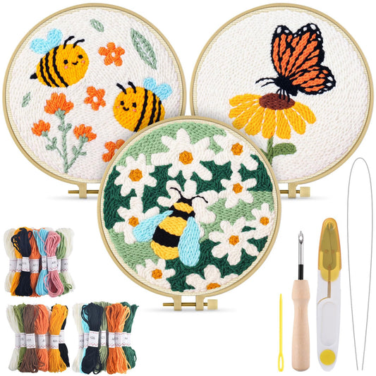 3 Sets Punch Needle Kits, Flowers Punch Embroidery Kits for Adults Beginner, Tool with Punch Needle Fabric, Hoops, Yarns and Sewing Needles