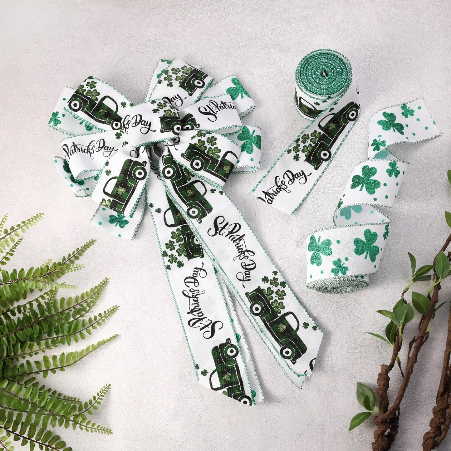 St. Patricks Day Ribbon Wired, Glitter Green Shamrock Fabric Ribbons Gift Wrapping DIY Craft Wreath Bows Making Festival Party Birthday Decoration, 10 Yards x 2.5 Inches
