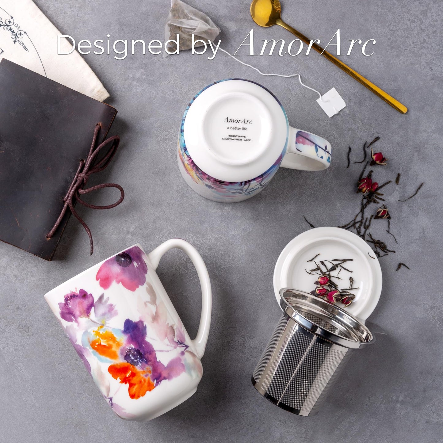 Porcelain Tea Mug with Infuser and Lids, 18 Oz Large Cup Strainer with Bag Holder for Loose Leaf Tea, Steeping Coffee Mug for House-warming Wedding Birthday Gift