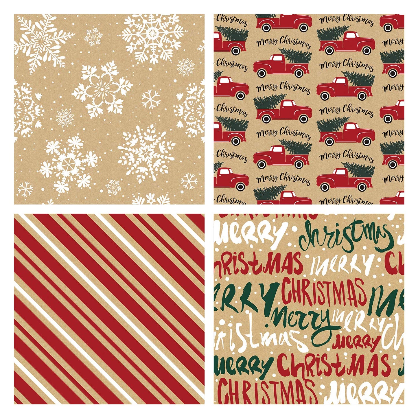 Wrapping Paper, Kraft Paper - Snowflakes, Car and Christmas Tree, Stripes and Merry Christmas - 4 Rolls - 30 inches x 10 feet per Roll