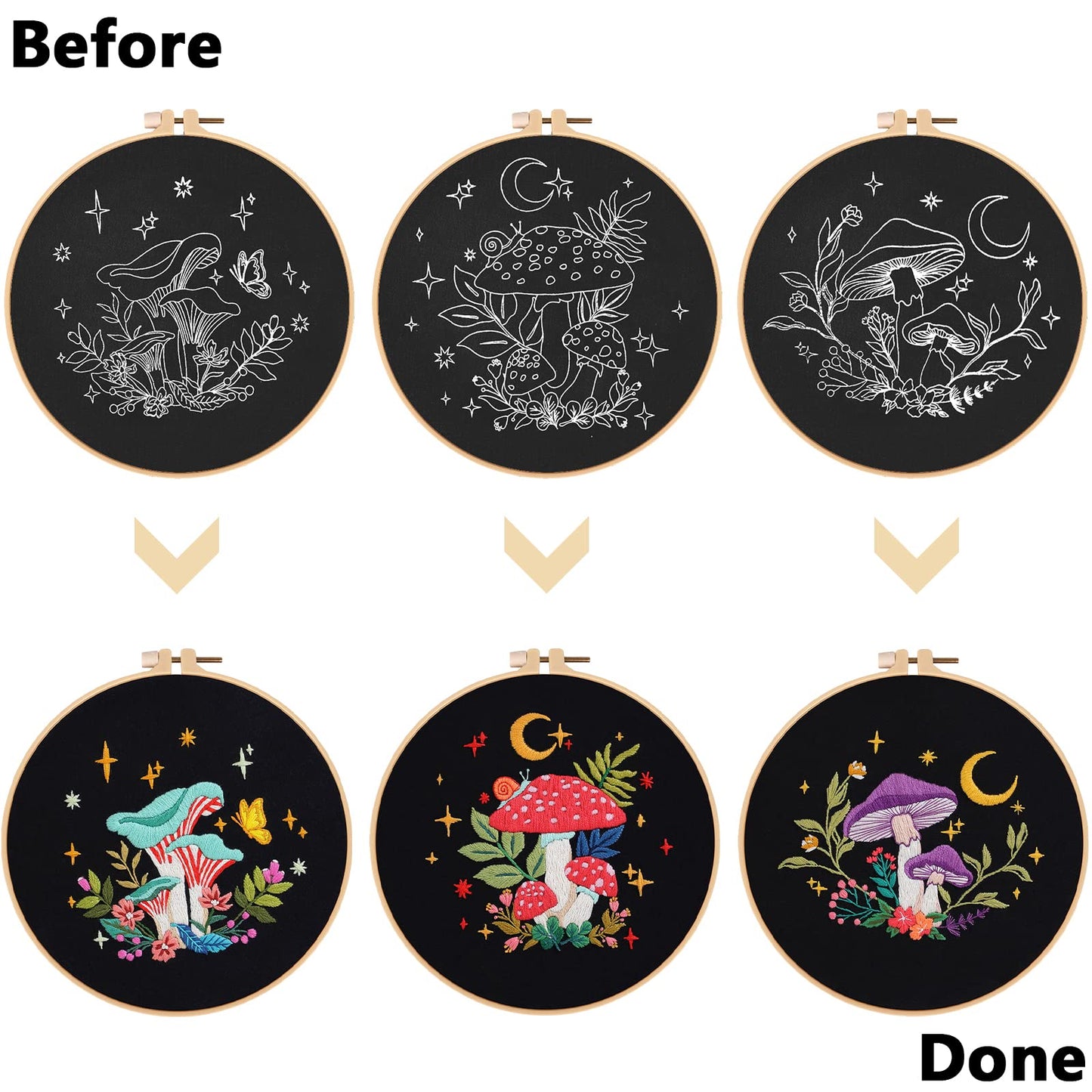 Nuberlic 3 Pack Embroidery Kit for Beginner Adults, Stamped Cross Stitch with Mushroom Patterns Include 3 Hoop, Cloth Thread Needles and Instructions