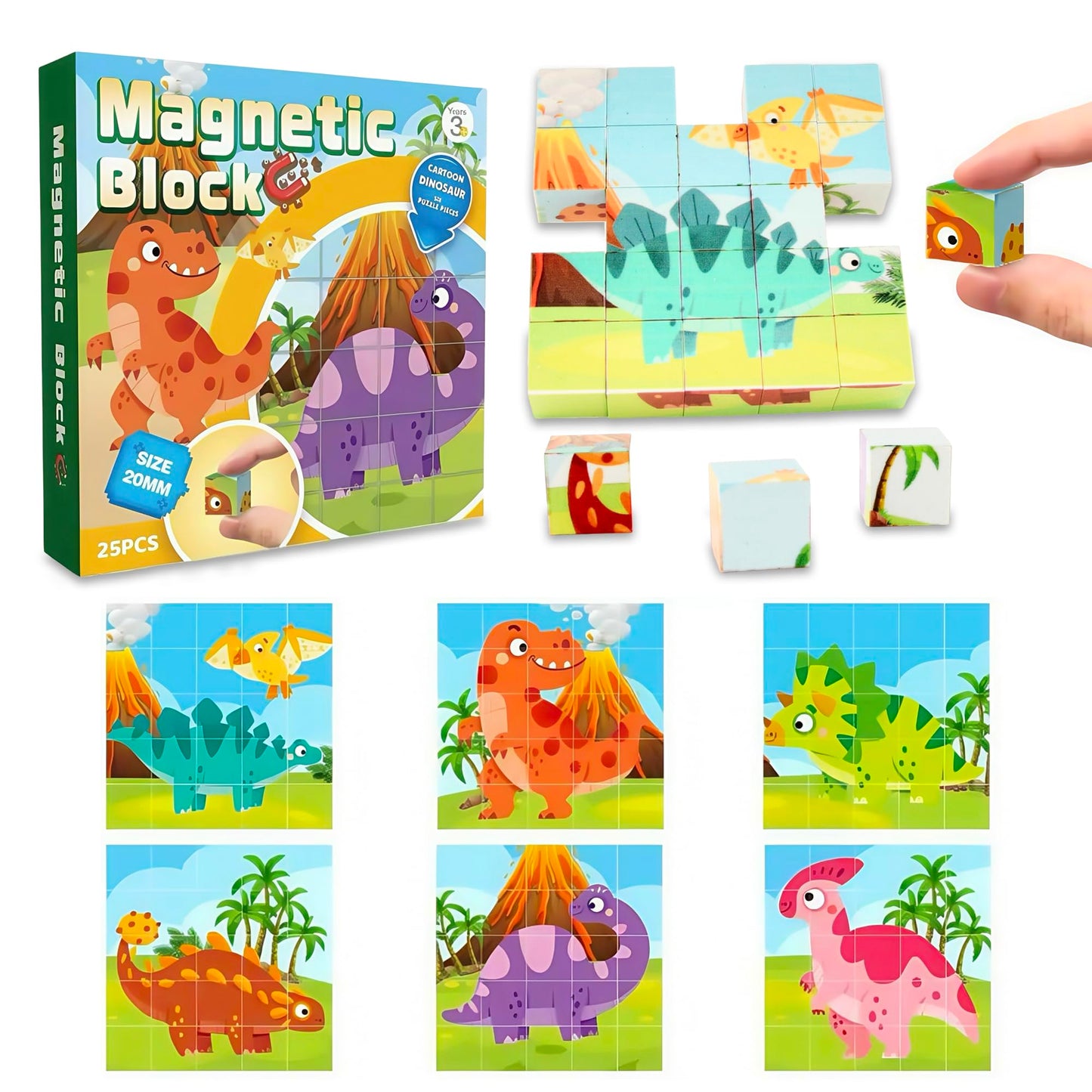 ritastar Magnetic Blocks Building Toy, 25pcs Mine Stacking Magnet Build Cubes Cartoon Pattern World,STEM Sensory Construction Toys for Kids Gift,Educational Jigsaw Puzzle Set with 3D Dinosaur Designs