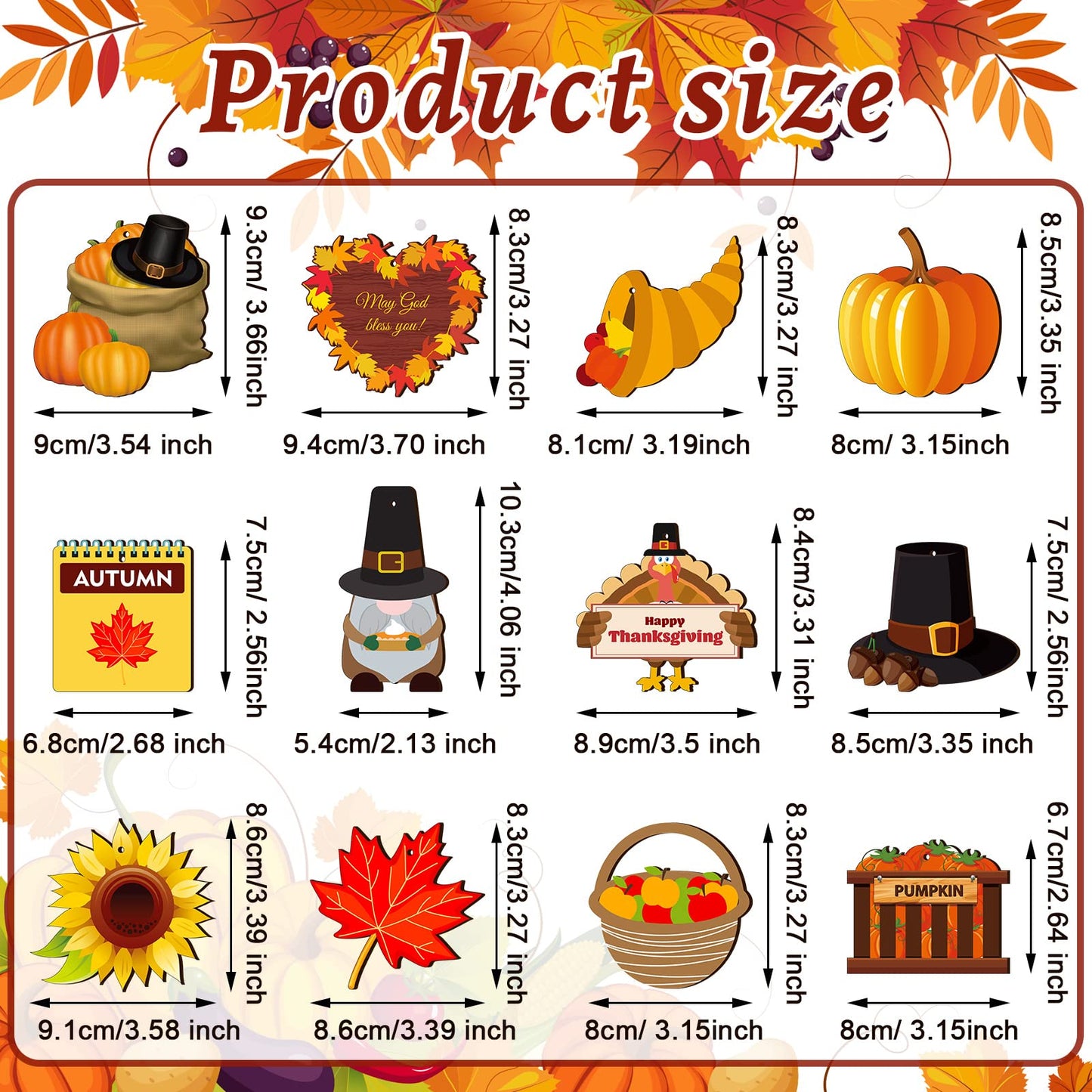 24 Pieces Thanksgiving Ornaments for Tree Fall Tree Decorations Pumpkins Leaves Wooden Hanging Ornaments Gnomes Turkey Cutouts Autumn Thanksgiving Decoration for Holiday Party Supply