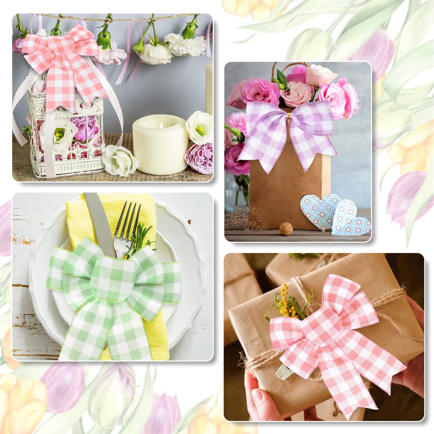 Spring Wired Edge Ribbon 30 Yards Pastel Buffalo Plaids Craft Ribbon Light Blue Yellow Pink Purple Green Decorative Fabric Ribbon for Easter Wreath Bow Making DIY Crafts Wrapping, 5 Roll