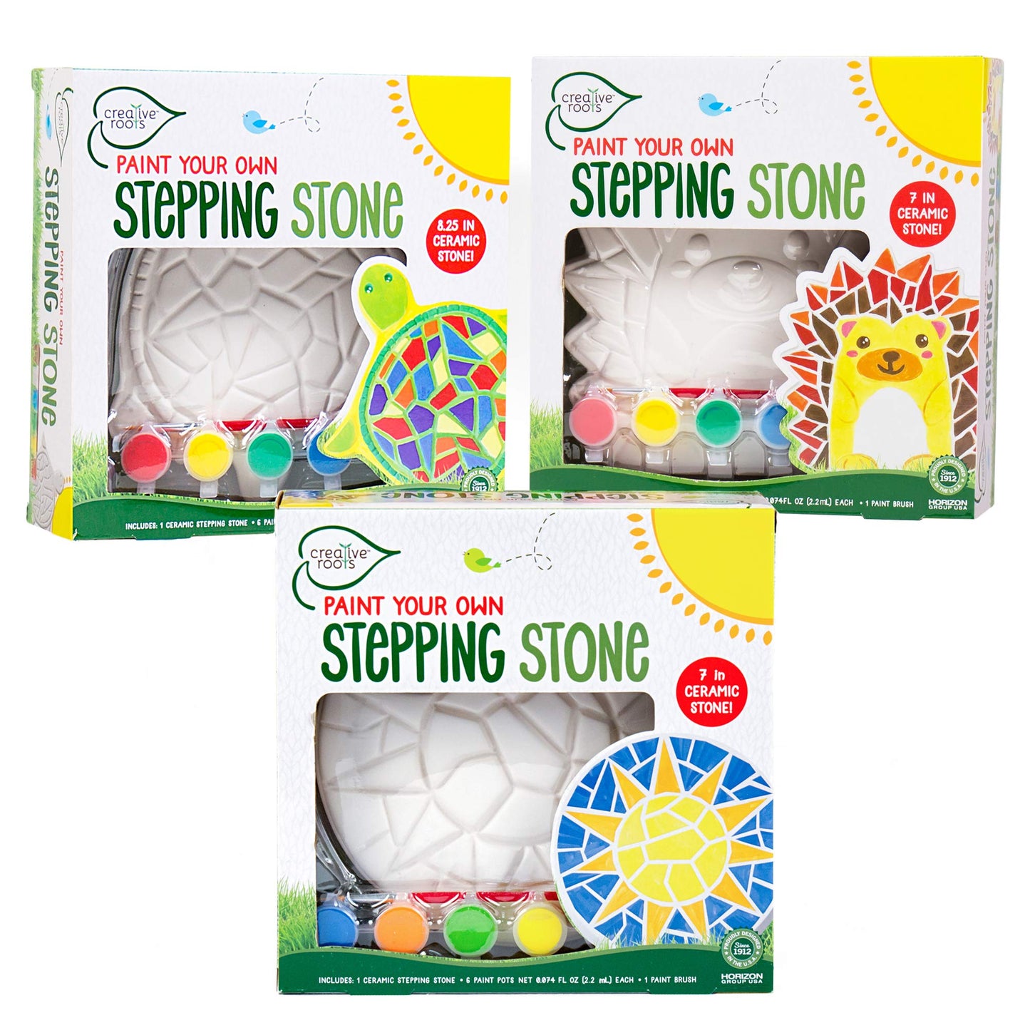 Creative Roots Mosaic Turtle, Hedgehog, & Sun Stepping Stone, Includes 3-Pack 7-Inch Ceramic Stepping Stone & 6 Vibrant Paints, Paint Your Own & DIY Stepping Stone for Kids Ages 8+