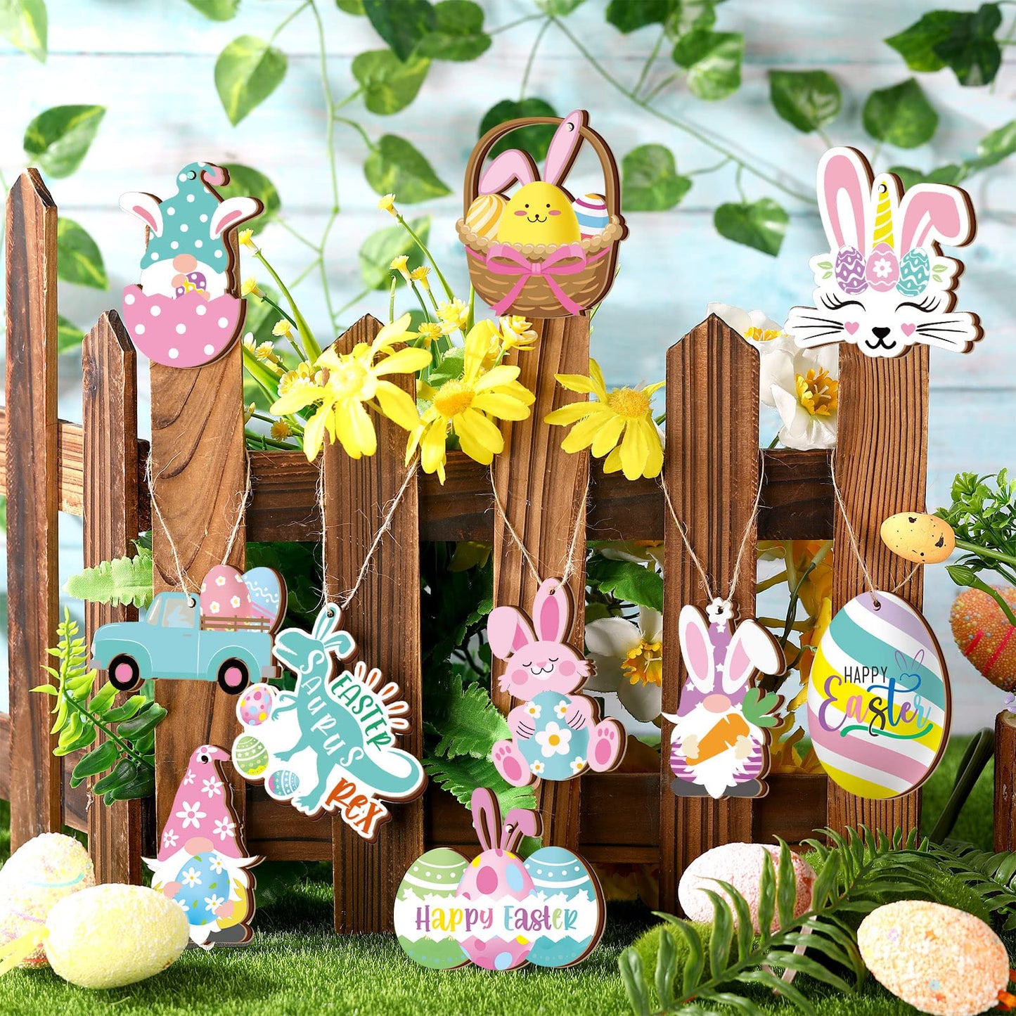 Chunful 30 Pcs Happy Easter Wooden Ornaments with Ropes Spring Egg Gnome Bunny Carrot Basket Holiday Easter Decorations Wood Bunny Ornament Embellishments Decorative Hanging Ornaments for Party