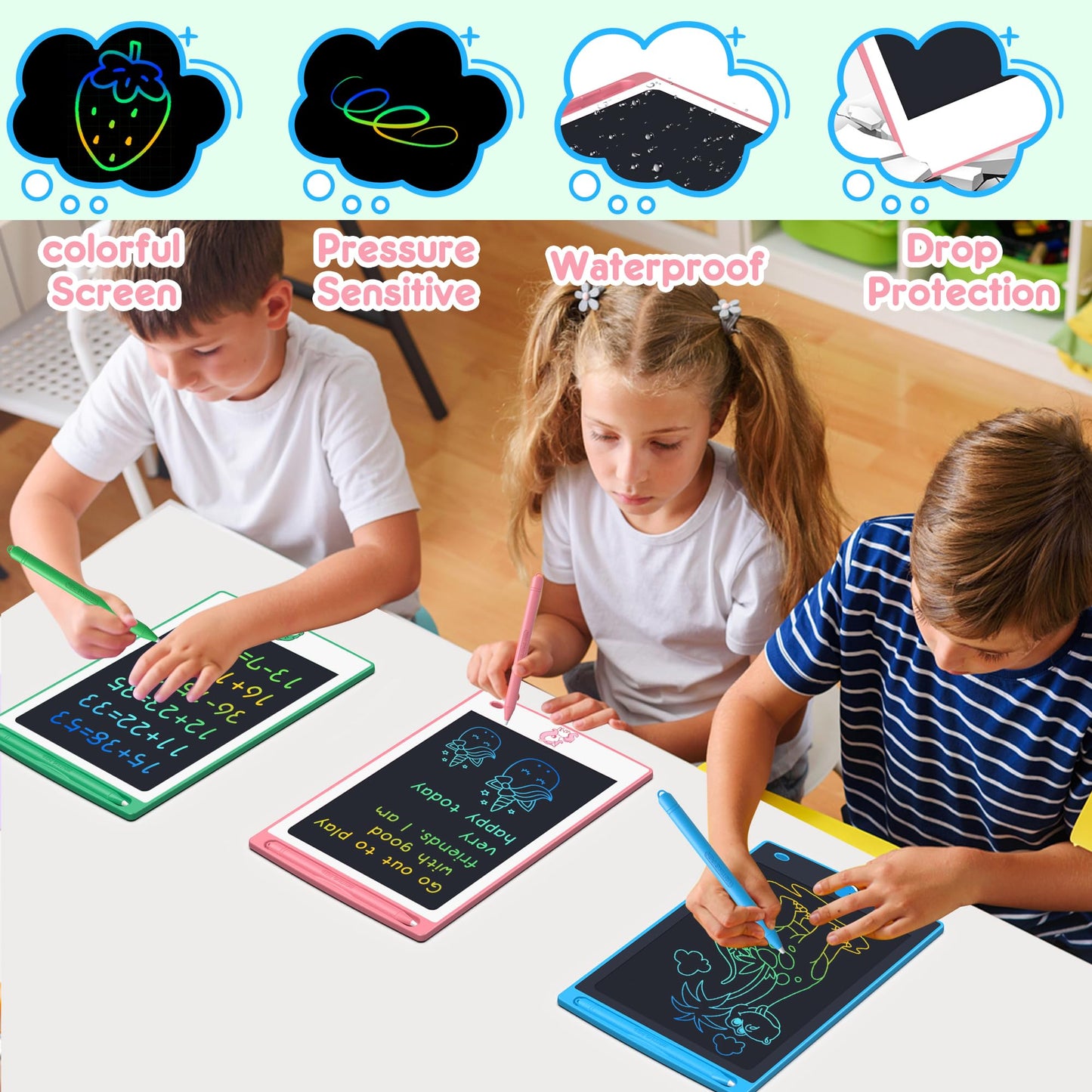 FLUESTON Toys LCD Writing Tablet Toddler,Toys for Boys Girls 3 4 5 6 7 8year, Drawing Pad Toy Easter Basket Stuffers for Kids,Drawing Tablet Doodle Board Cute Dinosaur Unicorn 8.8 Inch 3pcs in 1Pack