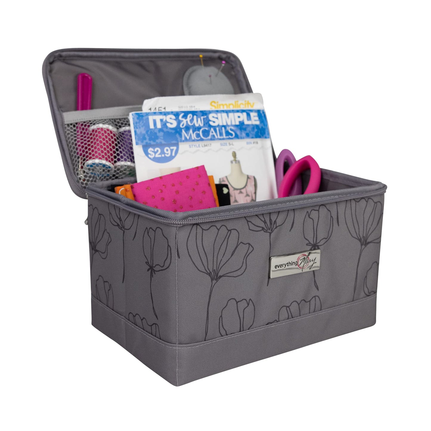 Everything Mary Collapsible Sewing Kit Organizer Box, Grey Floral - Supplies Storage Basket for Supplies and Accessories - Organization for Thread, Needles, Notions & Scissors