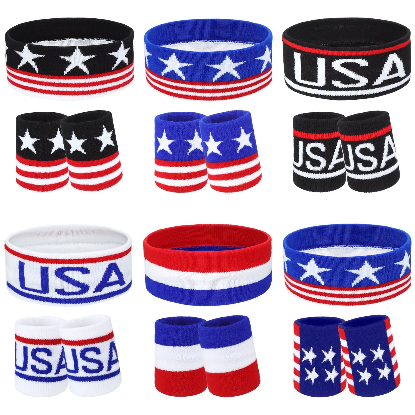 Liliful 6 Sets 4th of July American Flag Sports Headband and Wristband Set Patriotic Head Wraps Memorial Day Striped Sweatband USA Wristbands Accessories for Women Men Basketball Football Running