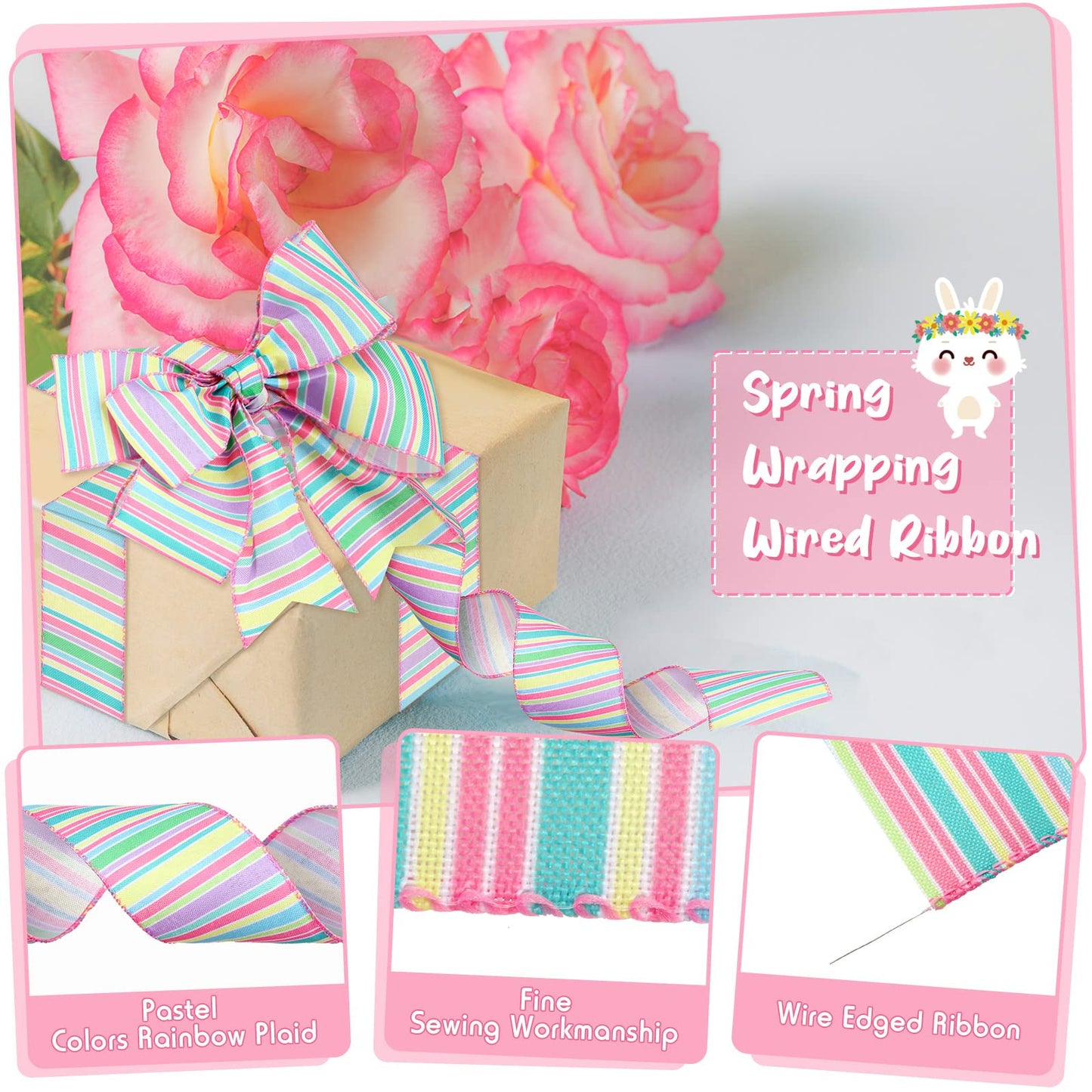2 Rolls 20 Yards Easter Spring Wired Ribbon Pastel Wired Stripe Ribbon Edge Horizontal Stripe Canvas Spring Decorative Craft for Wrapping Christmas Party Crafting