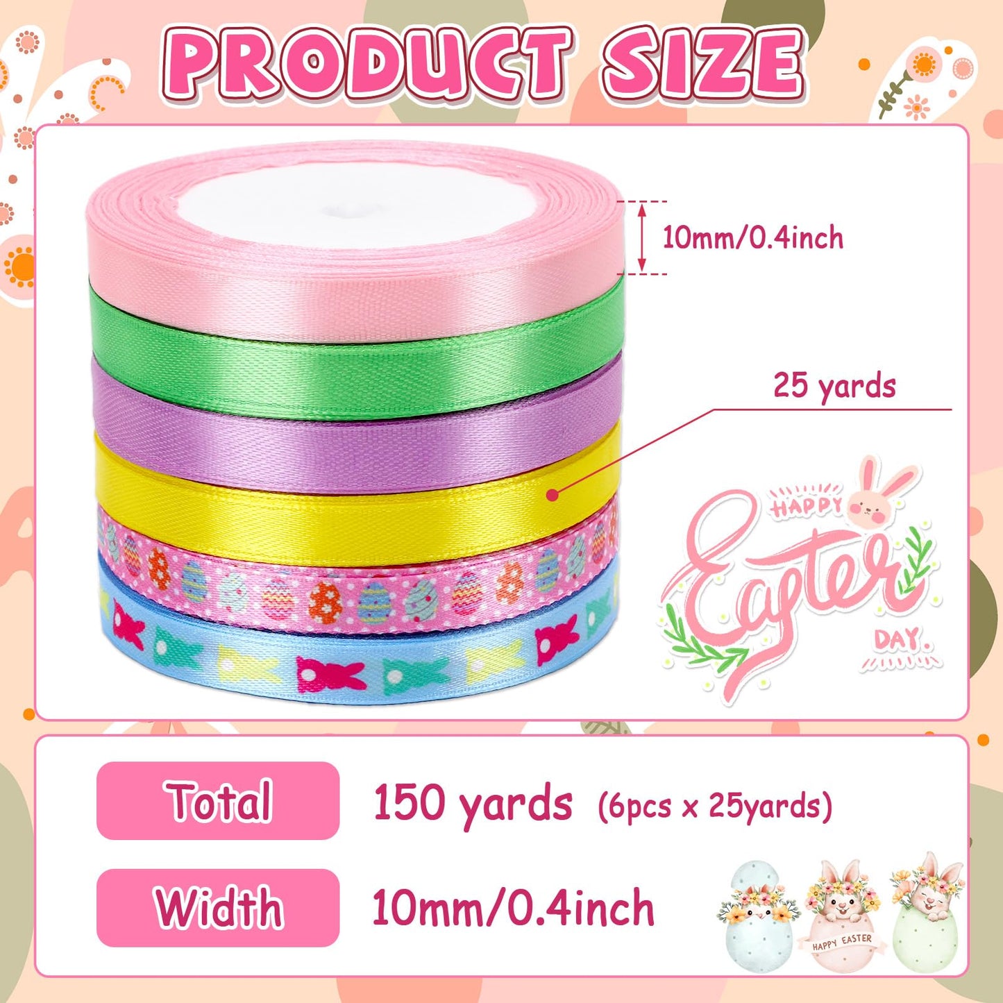 Easter Themed Ribbon Set 25 Yards per Roll, Premium Easter Craft Ribbon Decoration for Holiday Crafts, Wreaths and Party Decor
