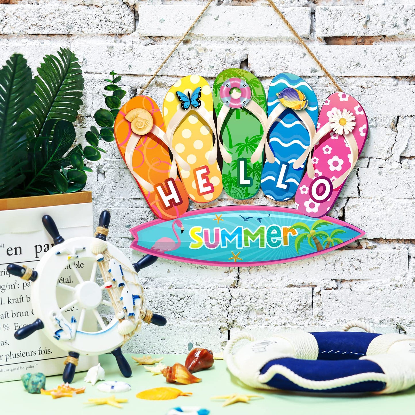 Jetec Summer Slippers Hanging Sign Shape Welcome Hello Flip Flop Wooden Door Sign Hanging Plaque Rustic Wall Sign Yard Indoor Outdoor Garden Decoration with Rope (Hello Summer)