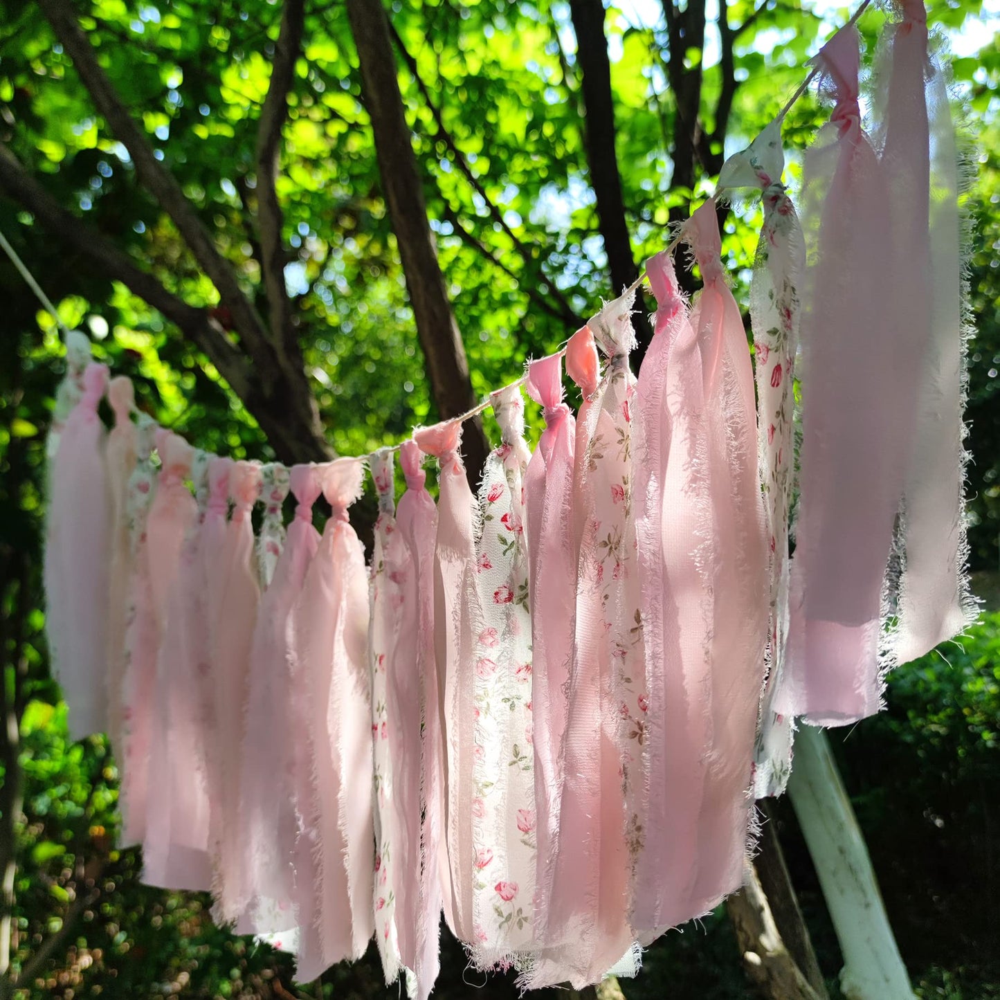 Mybbshower Floral Chiffon Fringe Ribbon 1.5" x 15Yd (3 Rolls *5Yd) for Wedding Invitations, Bridal Bouquets, DIY Tassel Garland Decorations, Gifts Wrapping & Bow Making (Pink White)