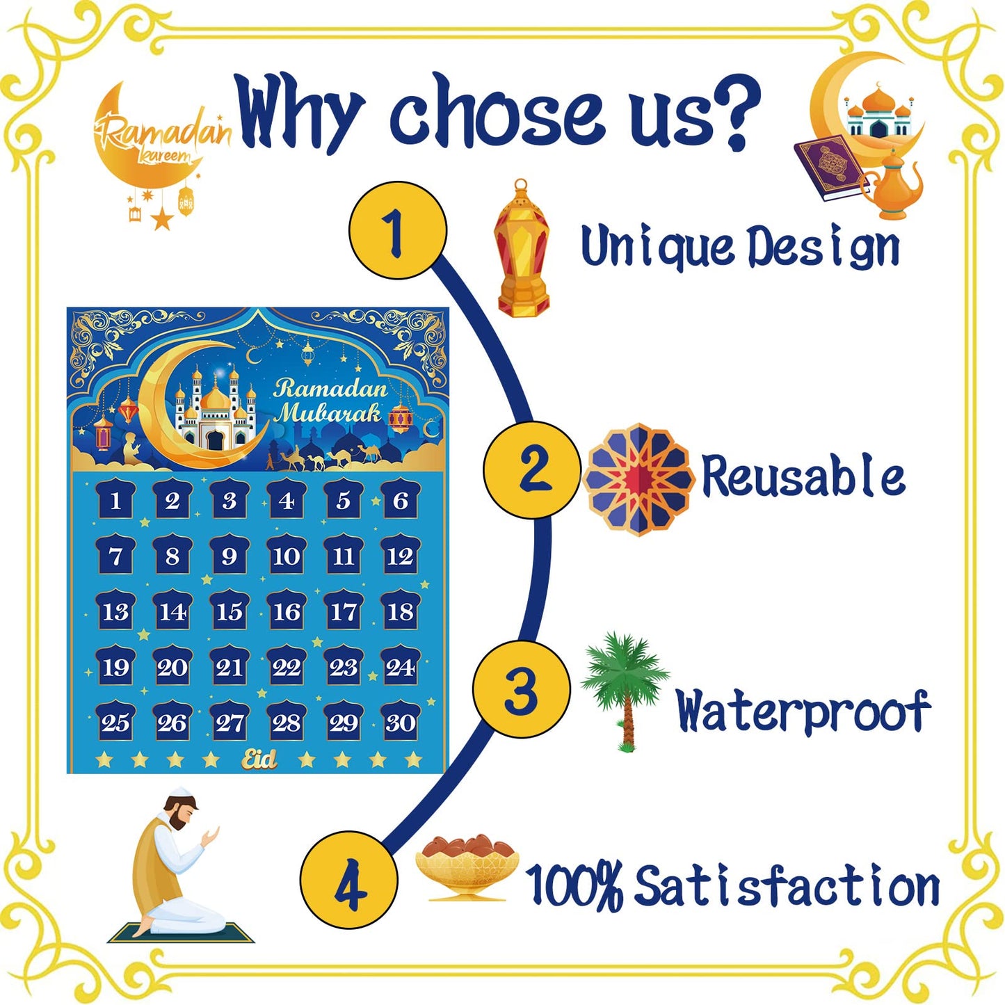 Ramadan Calendar, Eid Mubarak Calendar Countdown for Eid Party Supplies, Ramadan Advent Calendar Poster with 30 Countdown Star Stickers for Ramadan Mubarak Home Wall Decorations