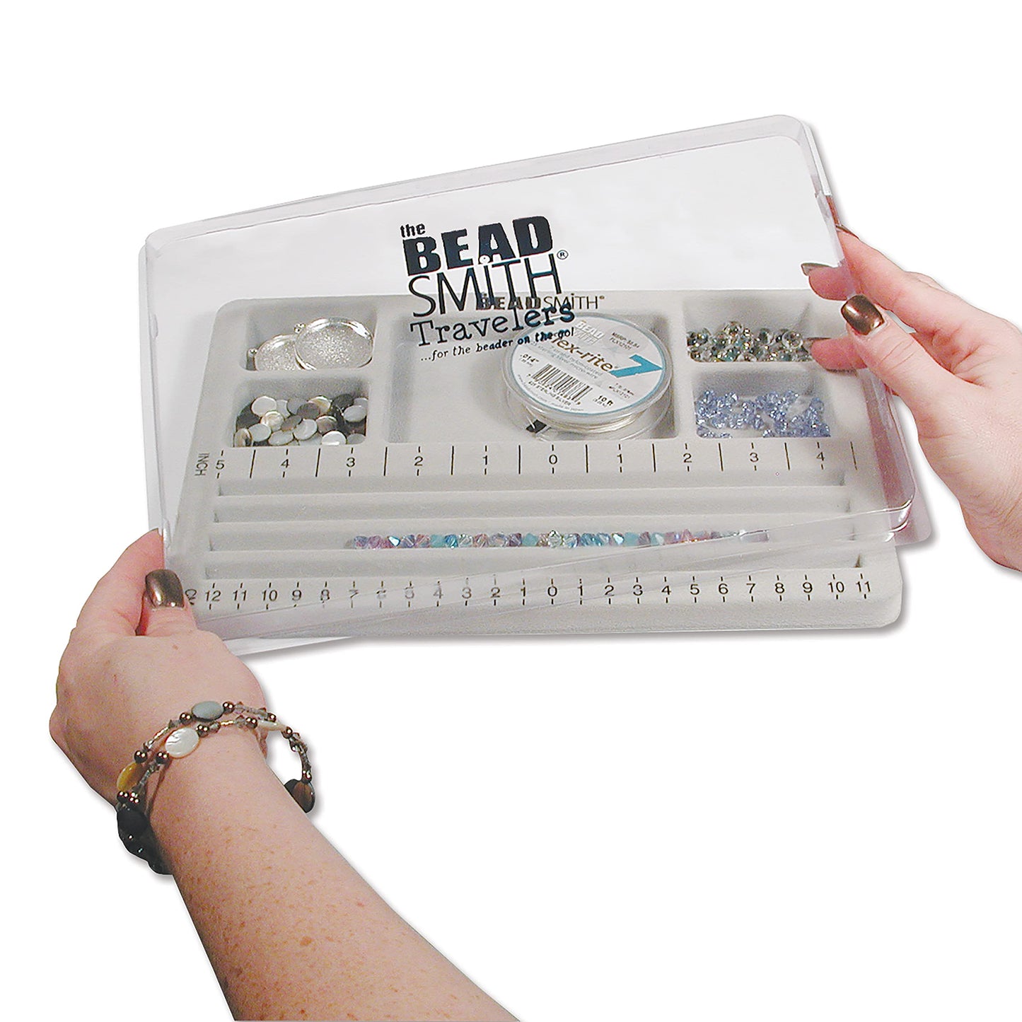 The Beadsmith Mini Bead Board, Grey Flocked, 4 Straight Channels, 5 Recessed Compartments, 7.75 x 11.25 inches, design boards for creating bracelets, necklaces and other jewelry