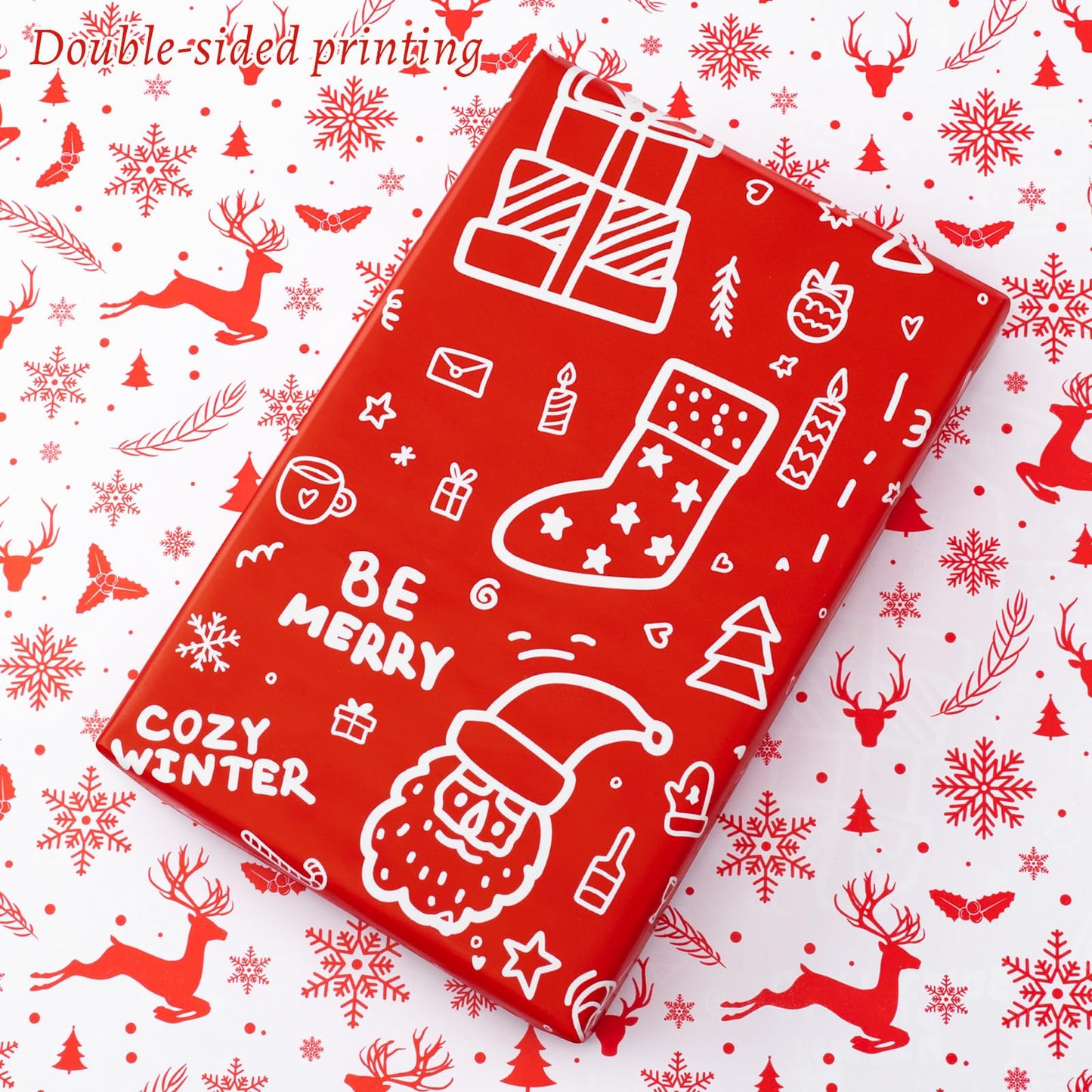 Reversible Christmas Wrapping Paper, Santa Gift Wrapping Paper Roll, Red White Reindeer and Snowflake Wrapping Paper for New Year, Holiday, Party, 17 Inch X 32.8 Feet