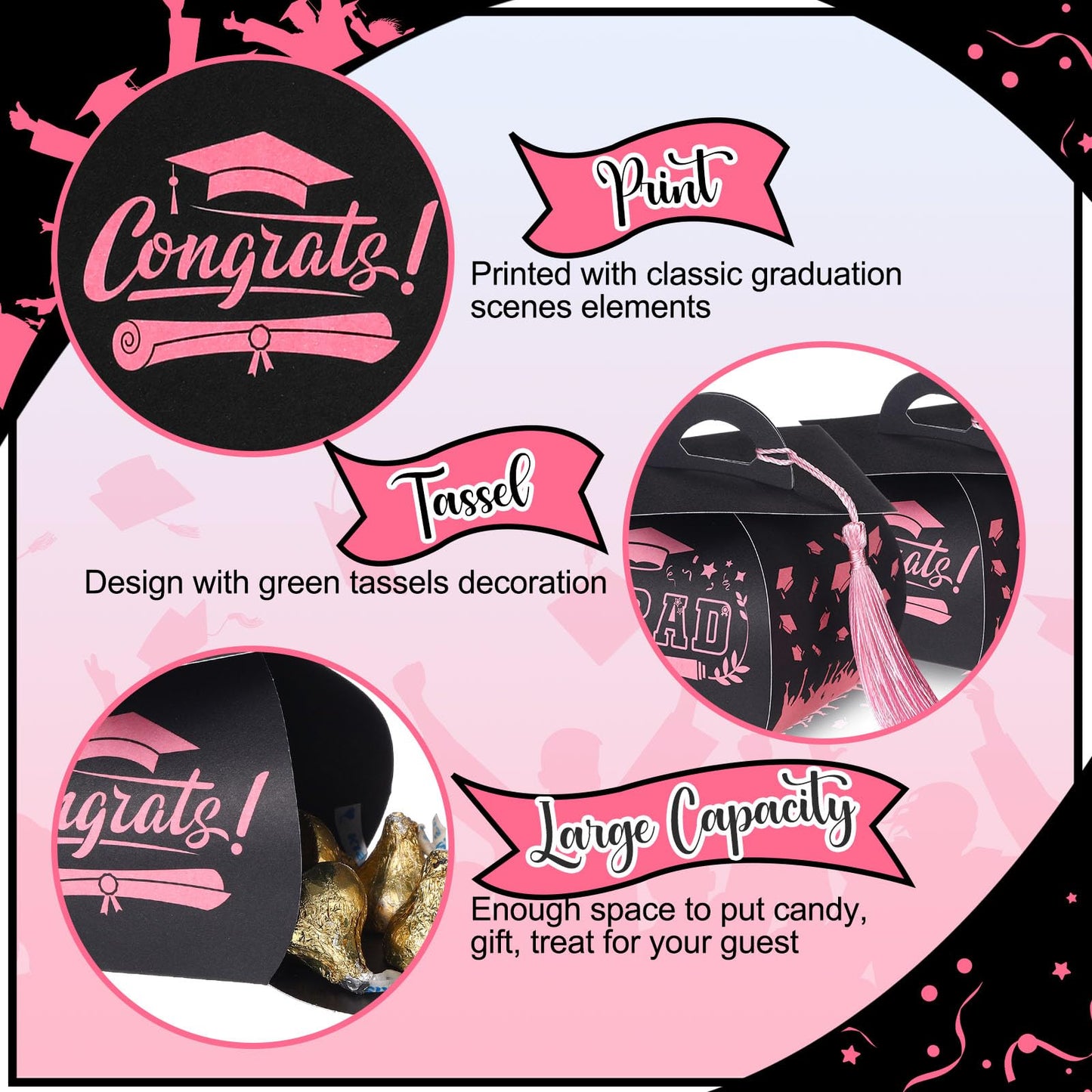 TaoBary 30 Pcs Graduation Cap Gift Boxes Graduation Decorations Class of 2026 Candy Box with Tassel for 2026 Grad Party Favors Supplies(Black, Pink)