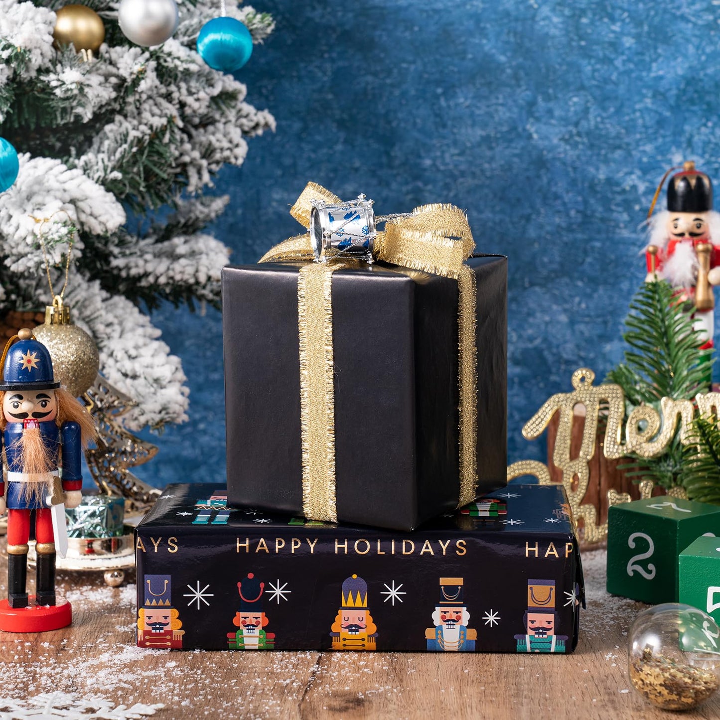 Reversible Nutcracker Christmas Wrapping Paper - Mini Roll - 17 Inch x 33 Feet - Foil Black Nutcracker Wrapping Paper for Christmas Holiday, Party Celebration