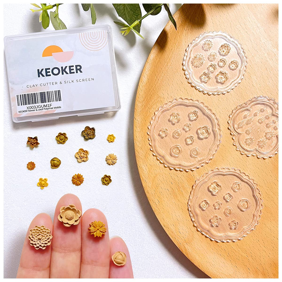 KEOKER Flower Polymer Clay Molds - 4 Pcs flower & Leaf Polymer Clay Molds for Jewelry Making, Daisy Miniature Clay Molds, Polymer Clay Molds for Polymer Clay Earrings Decoration (Mini Flower & Leaf)