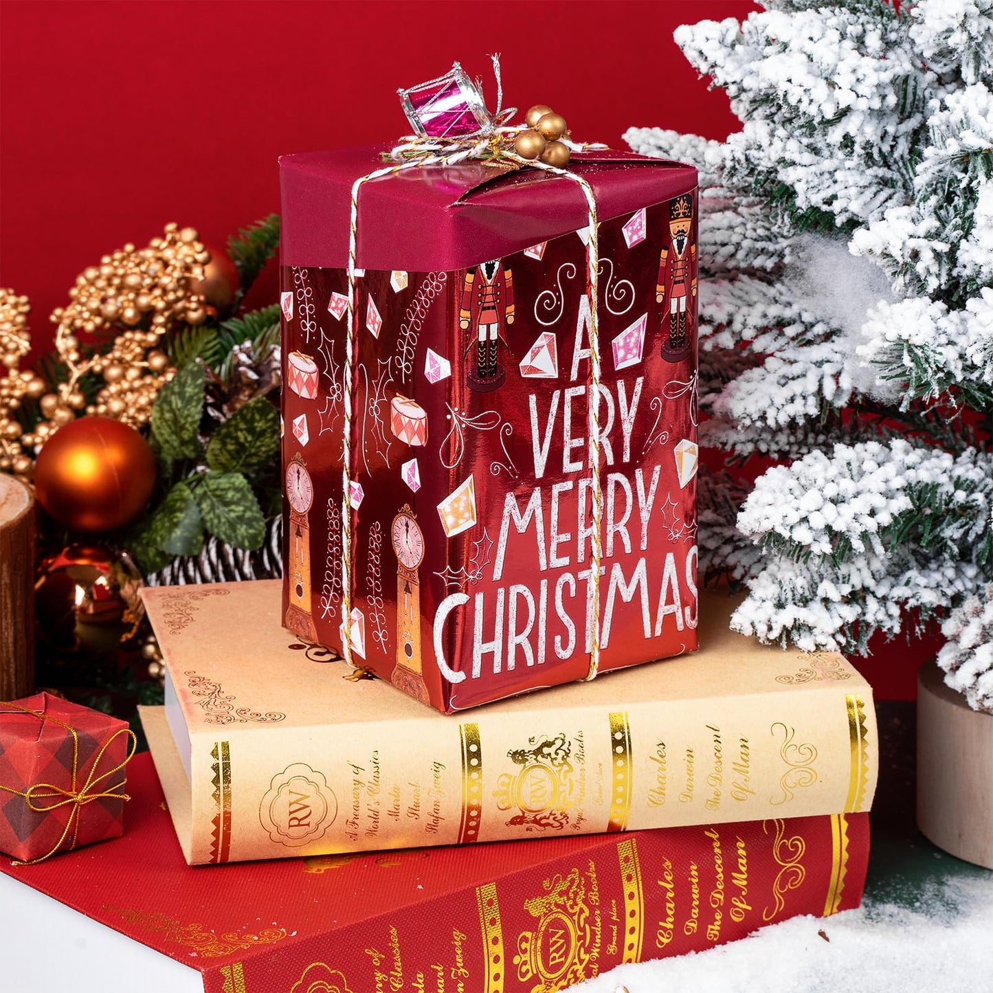 Reversible Nutcracker Christmas Wrapping Paper - Mini Roll - 17 Inch x 33 Feet - Merry Christmas Nutcracker Wrapping Paper with Metallic Foil Shine for Xmas Holiday, Party Celebration