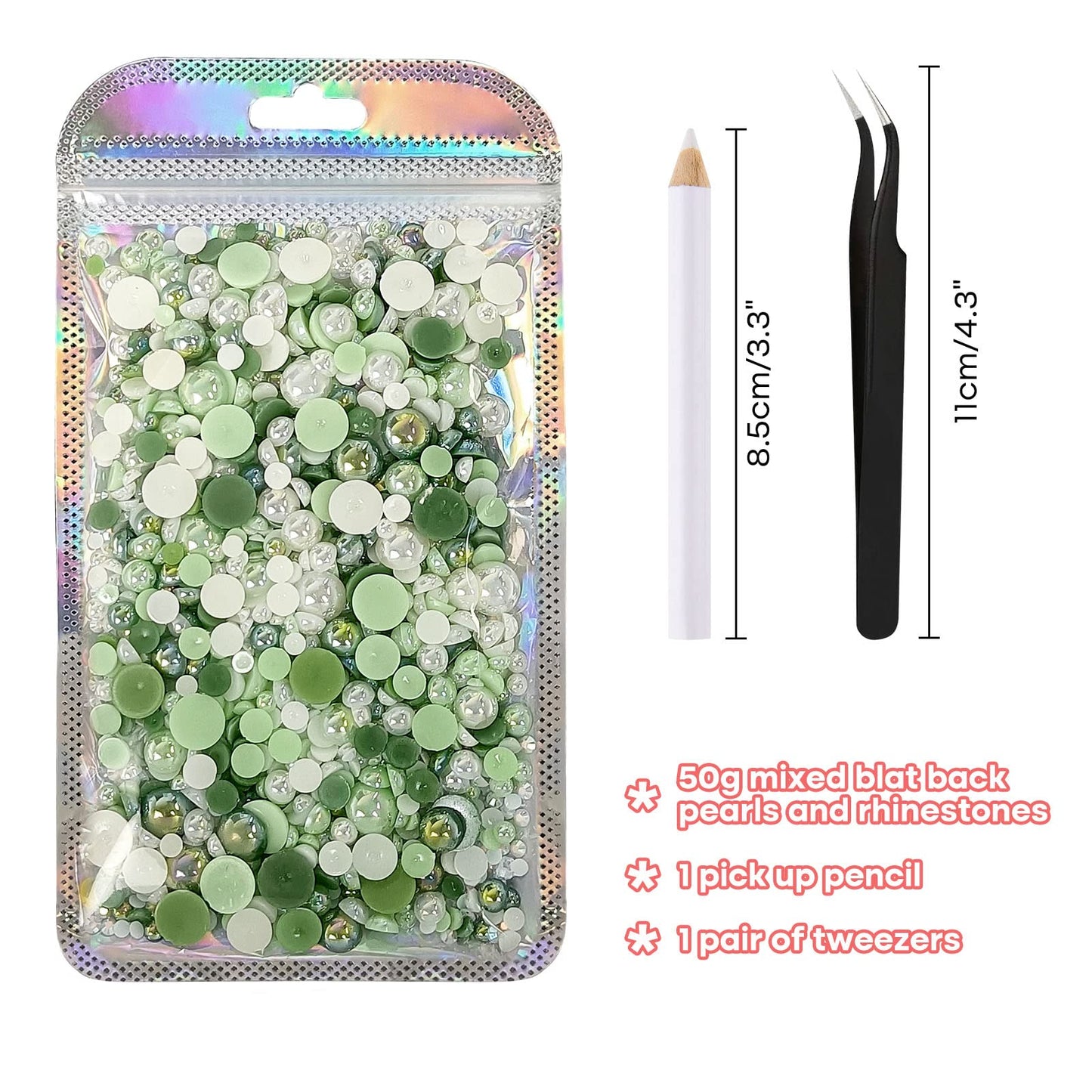ASTARON 50g Mix Flatback Rhinestones Half Pearls for Crafts Mixed Size 3mm-10mm Flat Back Rhinestones for Crafts Flatback Pearls for DIY Tumblers Mugs Nail Art Shoes Clothes (Fresh Green Series)