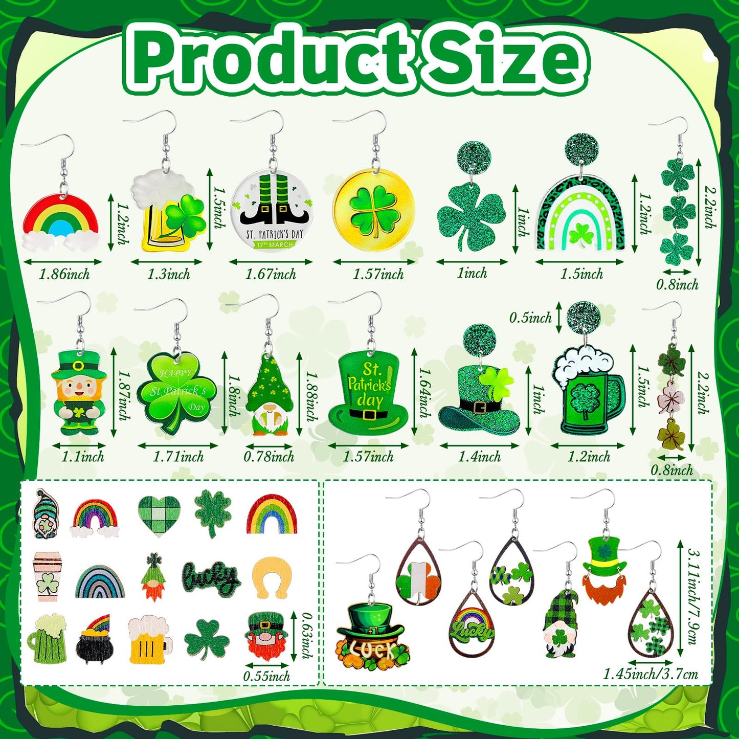 36 Pairs Wooden St. Patrick's Day Earrings Irish Shamrock Green Dangle Earrings Accessories for Women Saint Patrick Jewelry Gifts