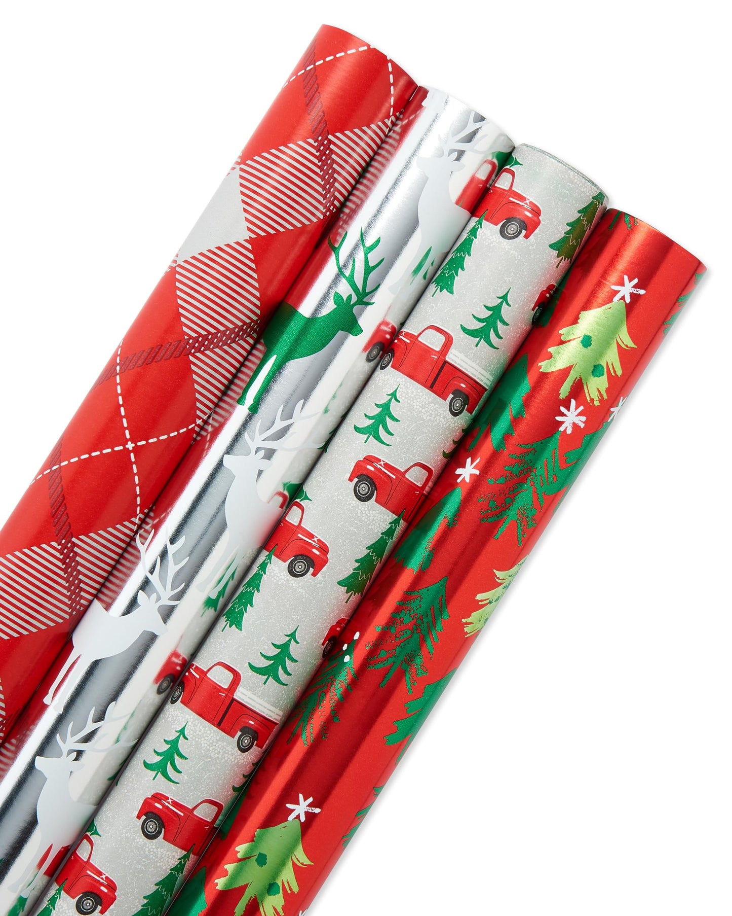 Reversible Christmas Wrapping Paper Rolls, Silver and Red Holiday Gift Wrap (120 sq. ft., 4 Rolls-30 in. x 12 ft.) Little Red Truck Hauling a Christmas Tree, Reindeer, Plaid