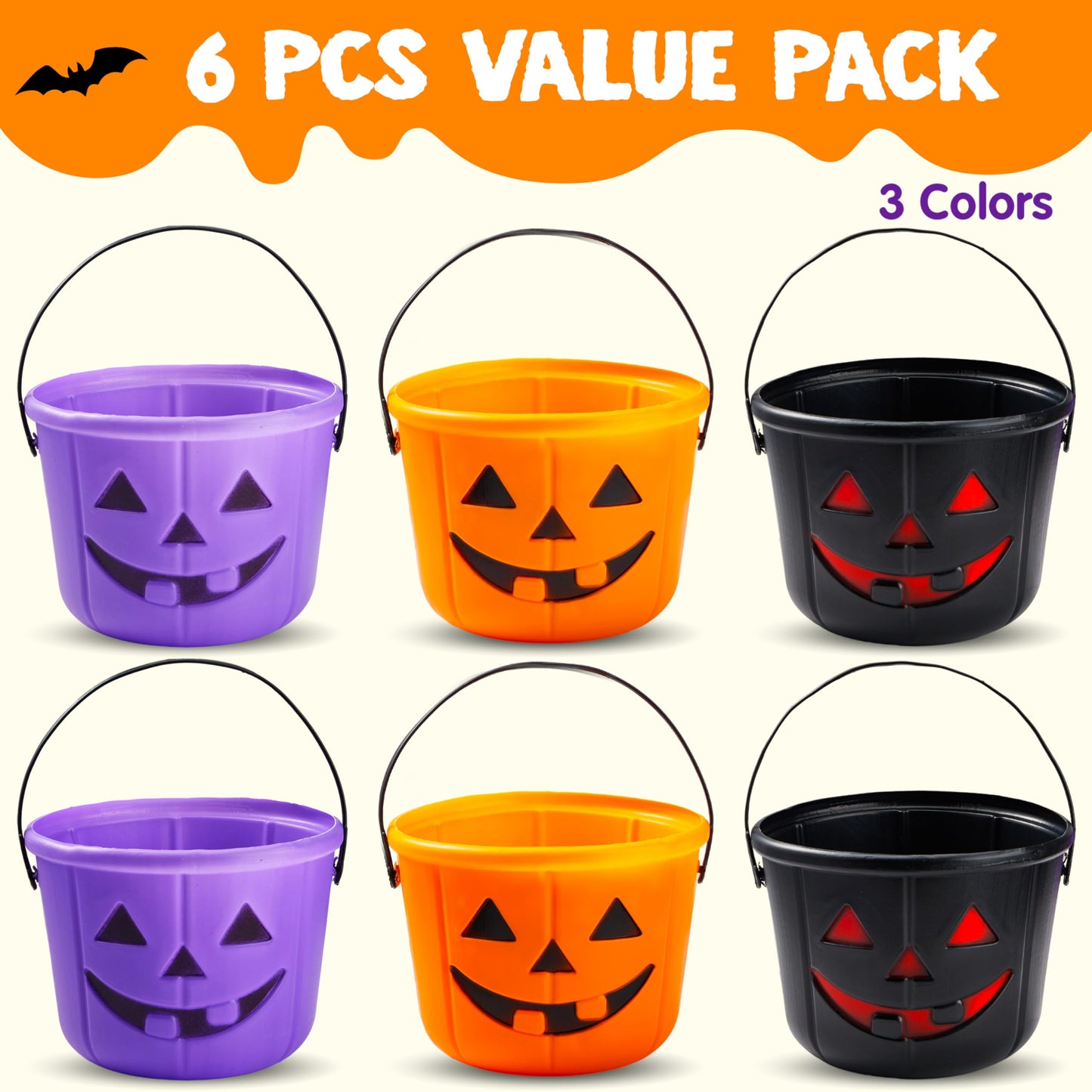 JOYIN 6PCS Halloween Trick or Treat Pumpkin Bucket, Orange Plastic Candy Bucket for Trick or Treating, Black Purple Jack O Lantern Basket and Pails with Handle for Kids Halloween Party Favor Supplies