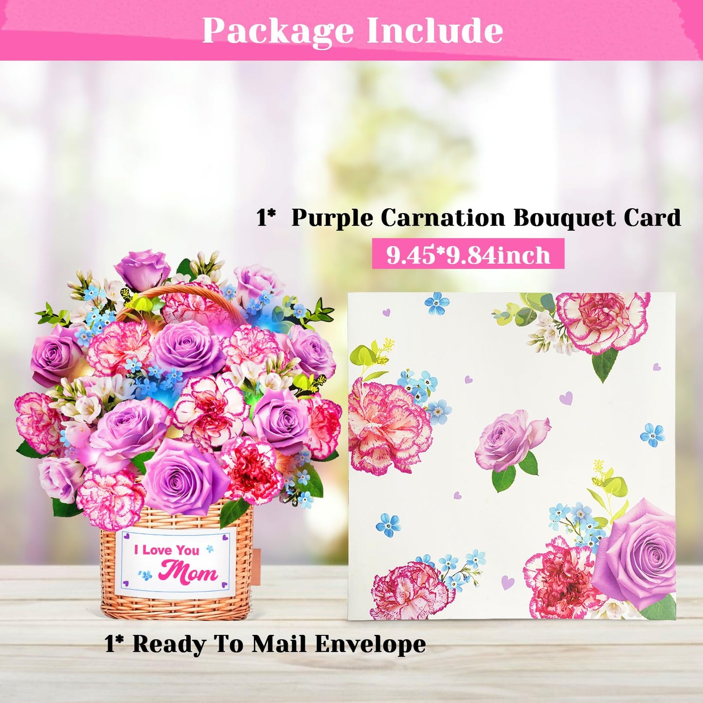 MZD8391 Mothers Day Card With Music & Lights, 3D Pop Up Mothers Day Gifts, Carnation & Rose, 10 Inch Life Sized Forever Flower Bouquet Birthday Card for Mom Wife Women Her