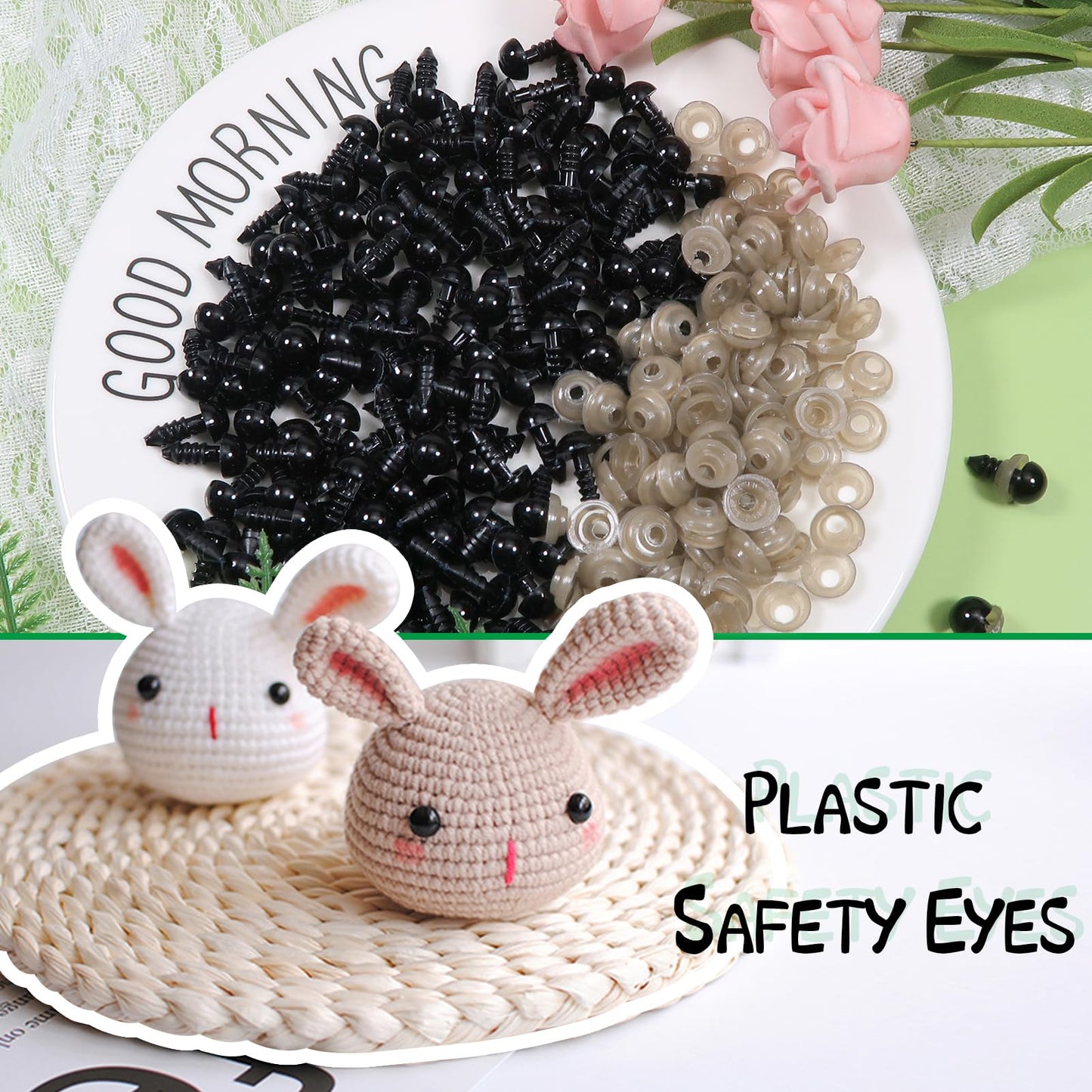TOAOB 150pcs 8mm Black Plastic Safety Eyes Crafts Safety Eyes with 150pcs Washers for Stuffed Animals Amigurumis Crochet Bears Doll Making