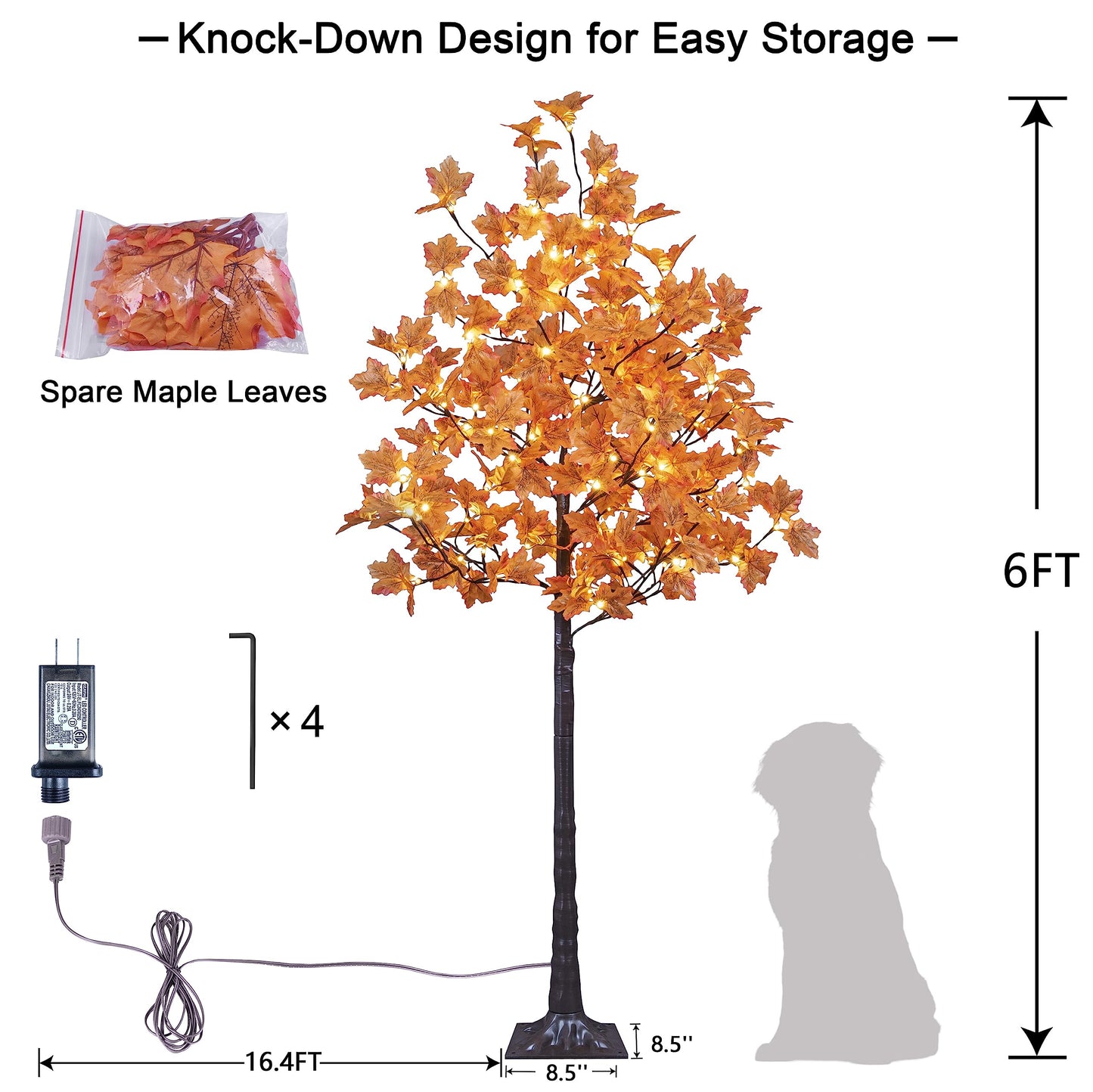 LIGHTSHARE 6FT 120LED Artificial Lighted Maple Tree Warm White Fall Decorations Indoor Ourdoor, Orange