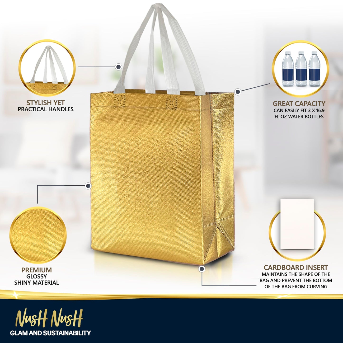 Gold Gift Bags Medium Size – Set of 12 Reusable Gold Gift Bags With Handles - Perfect Party Favor Bag for Christmas Holidays, Wedding, Bachelorette Party Favors and Goodies – 8W x 4D x 10H