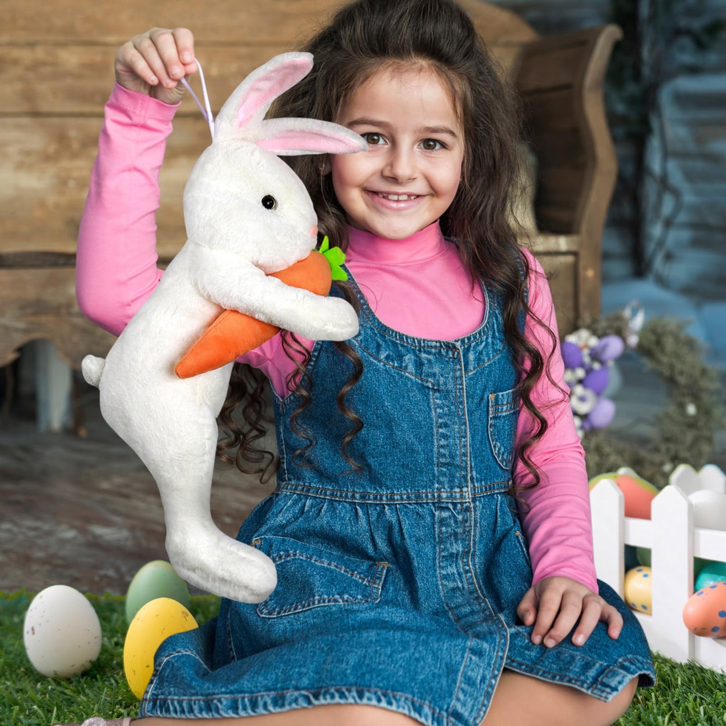 Easter Bunny Tree Topper Decorations,Spring Plush Rabbit Hugged Carrot for Tree Basket Stuffers Holiday Home Party Supplies Decor White
