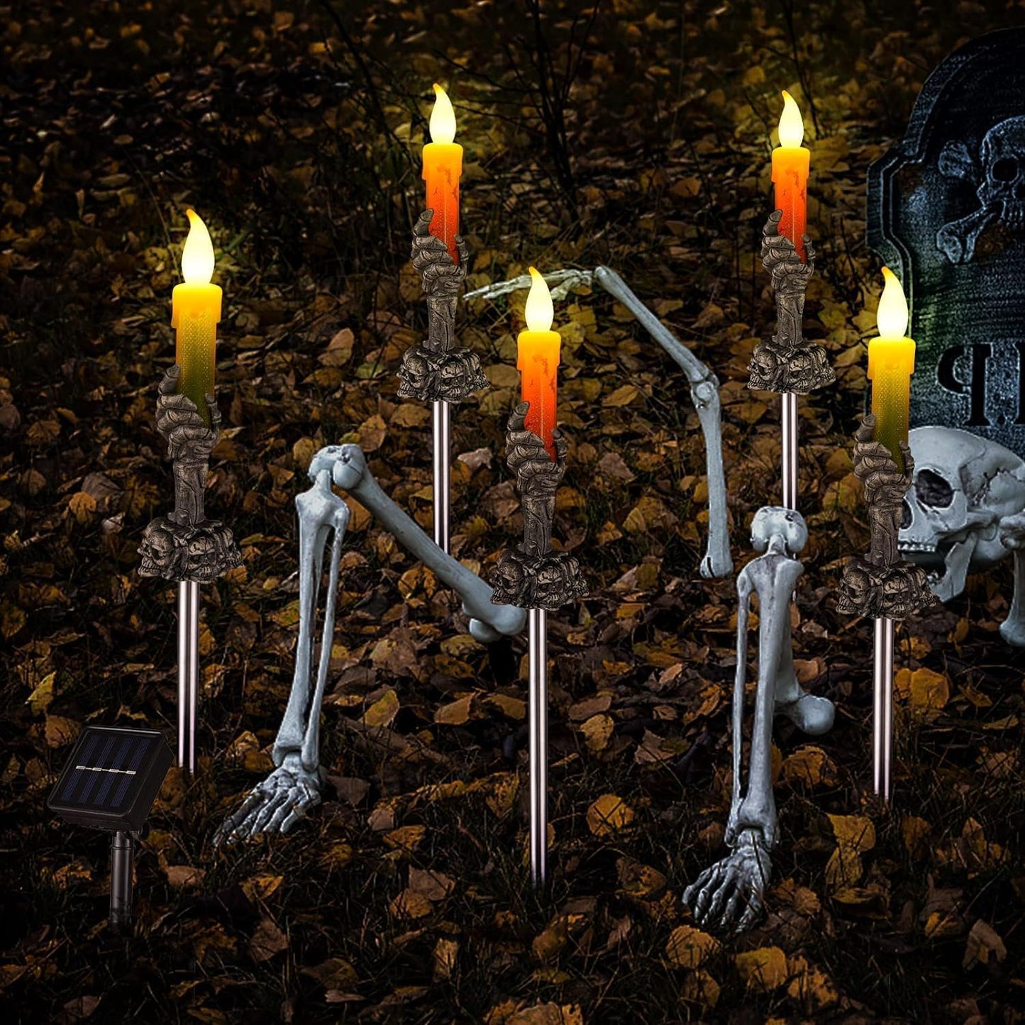 Halloween Decorations Outdoor, 5 Pack Solar Pathway Lights, LED Skull Black Hand Candle Holder, Outdoor Party Home Garden Porch Decor Orange & Green Lights