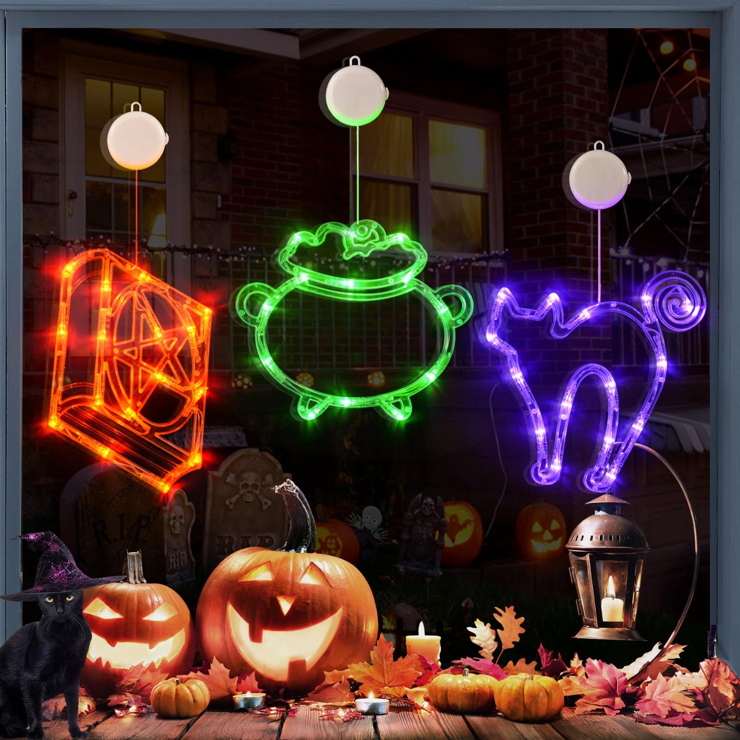 LOLStar Halloween Lights, 3 Packs Spellbook, Cat and Cauldron Halloween Lights with Suction Cup, Upgrade Timer and Slowly Fade Mode Battery Operated Indoor Lights for Halloween Window Decoration