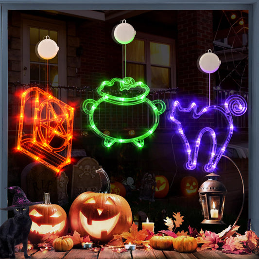 LOLStar Halloween Lights, 3 Packs Spellbook, Cat and Cauldron Halloween Lights with Suction Cup, Upgrade Timer and Slowly Fade Mode Battery Operated Indoor Lights for Halloween Window Decoration