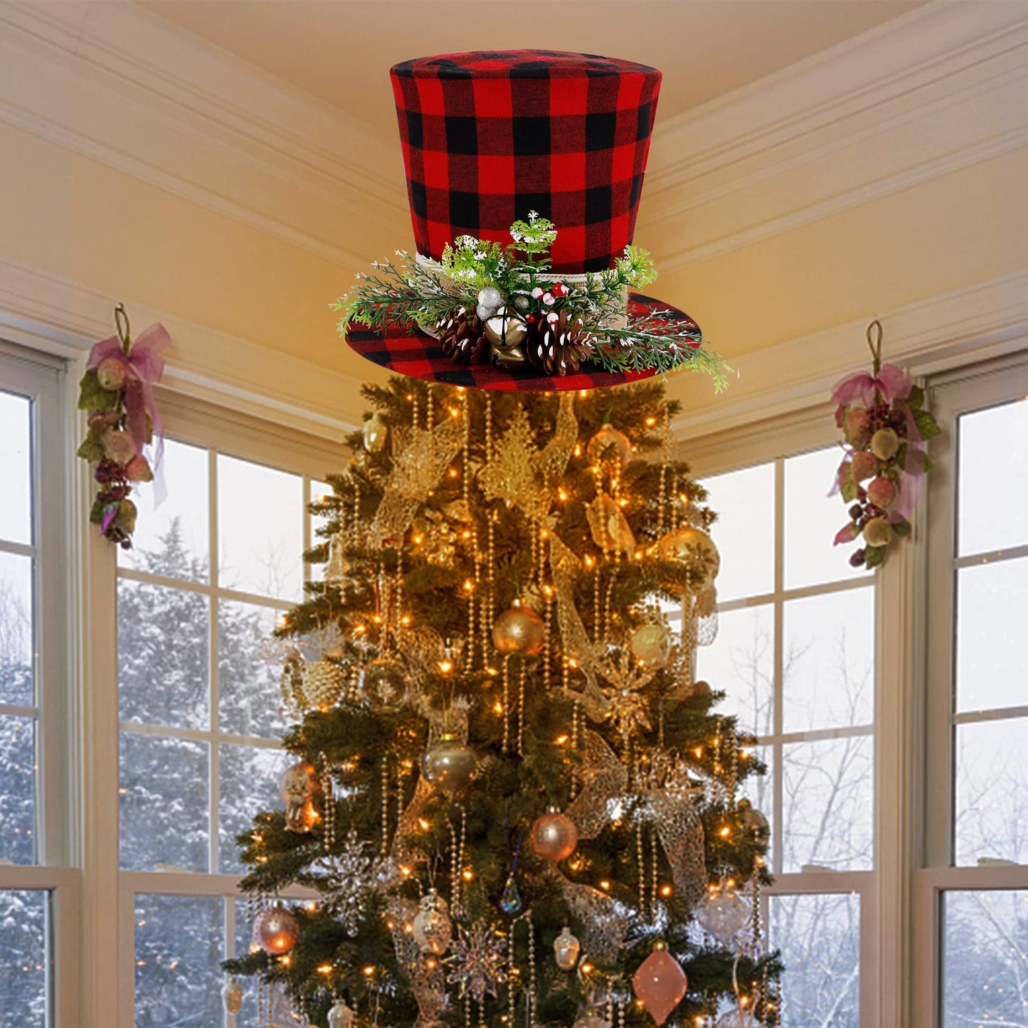 Prsildan Christmas Plaid Top Hat Tree Topper with Pine Cones, Berries, and Bells - Holiday Decor