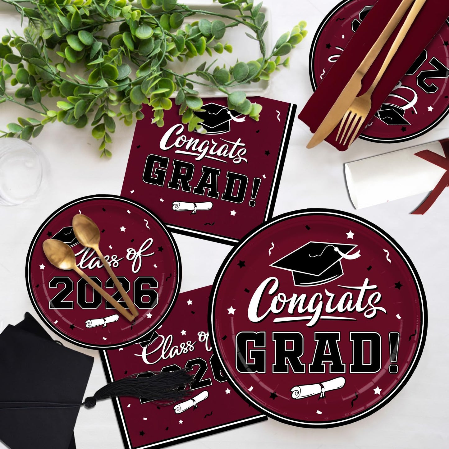 Gatherfun Graduation decorations 2026 Graduation Party Supplies Maroon Disposable Paper Plates Luncheon Napkins Cocktail Napkins for Congrats Grad Party Decorations, Serve 50