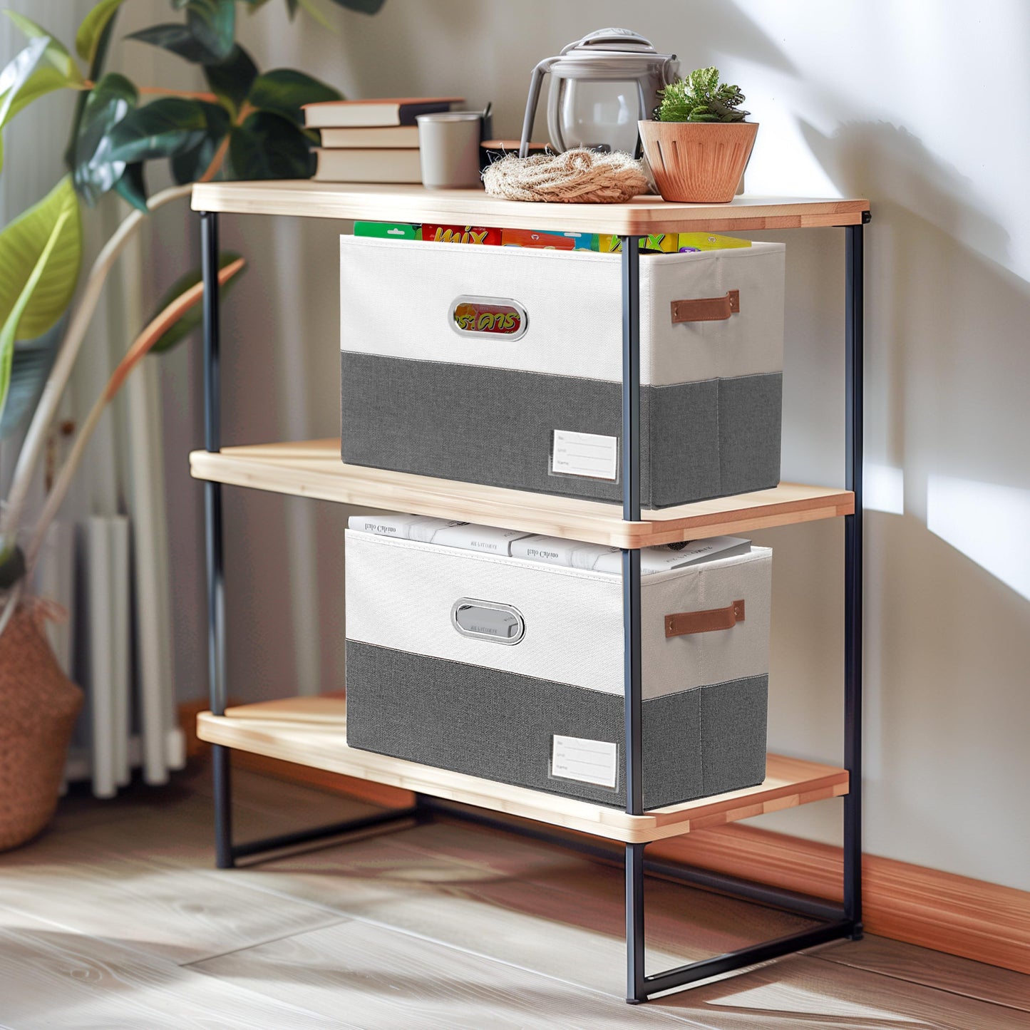 Open Foldable Fabric Storage Boxes, Collapsible Versatile Bins Baskets Cubes with Handles for Easy Organization in Closet, Living Room, and Bedroom (Grey & White, 2PCS/11.4*8.6*6.7in)