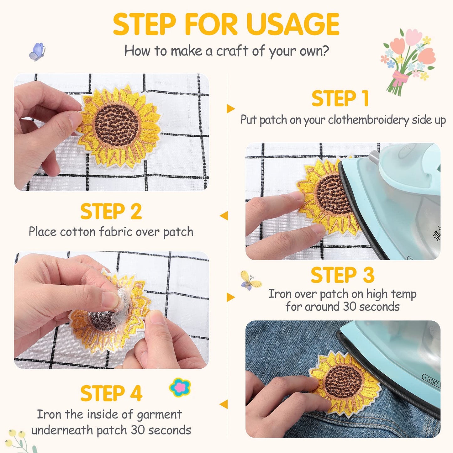 55 Pieces Embroidered Flowers Iron on Patches Butterfly Sew on Patch Sunflowers Appliques Patches Bee Embroidered Patches Decoration DIY Craft Patches for Clothes Jackets Jeans Dress Pants Decor