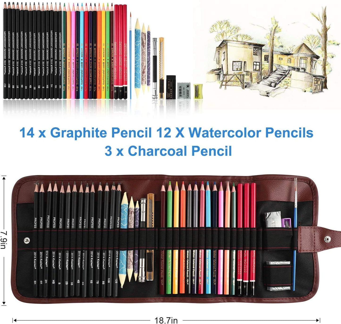 QQQ Sketching Pencil Set Art Pencils Drawing Kit,39 pcs Drawing Set With Sketch Pencils, Watercolor Pencils inside Canvas Rolling Pouch For Beginners, Adults & Professionals